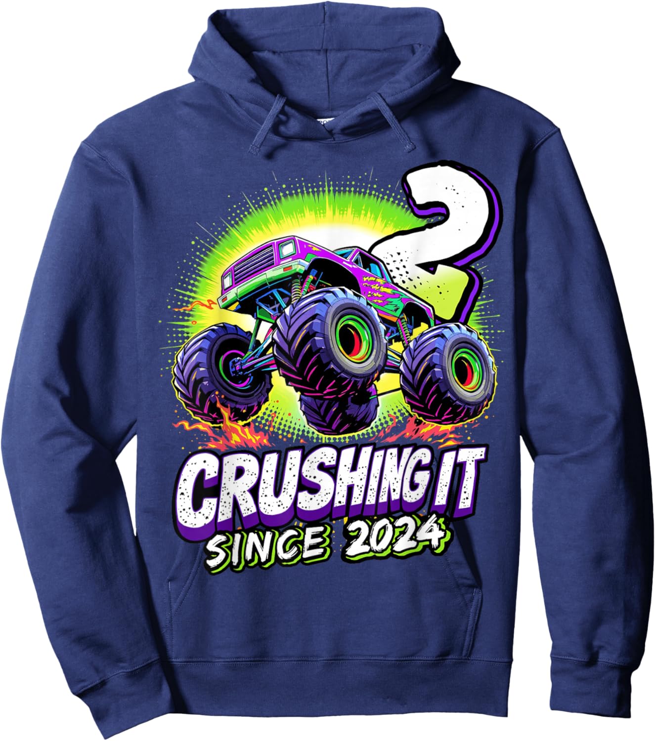 Birthday Monster Truck 2 Year Old Boys 2nd Party Born 2024 Hoodie - Hoodie | Navy