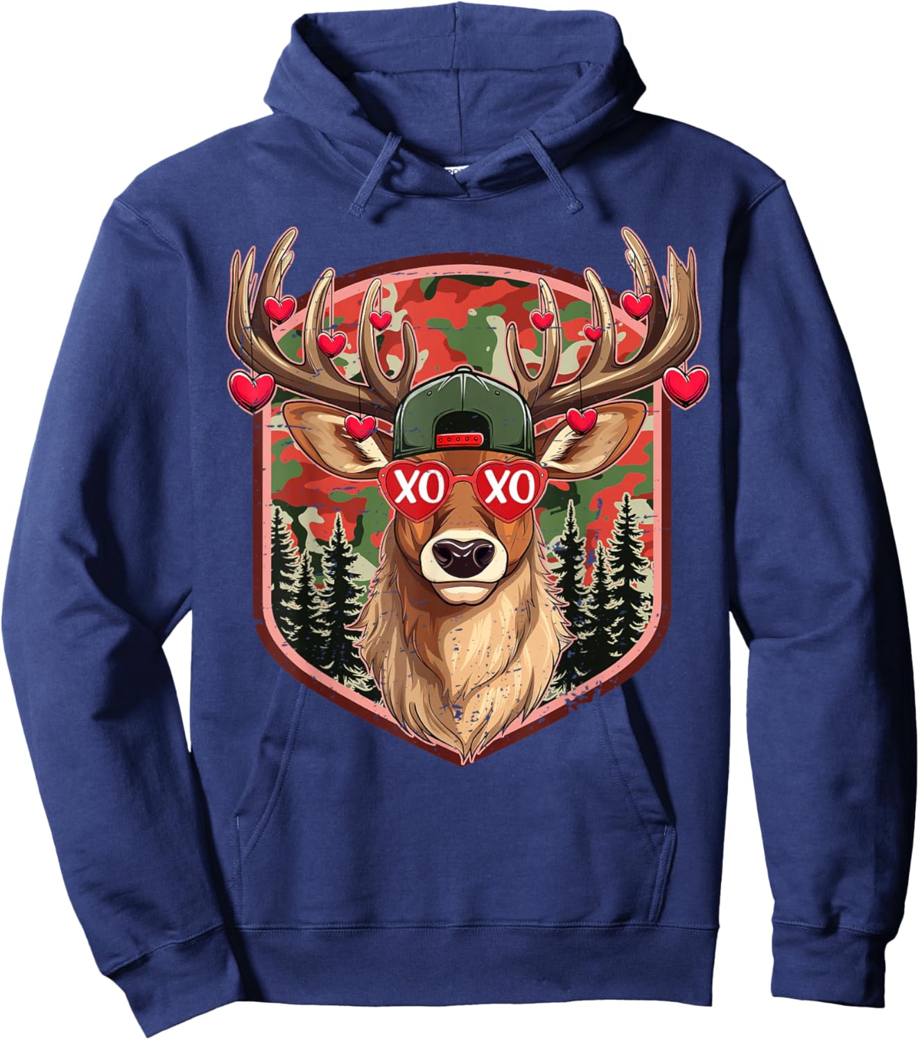 XOXO Valentine Buck Camo Deer Retro Hunting Valentines Day Hoodie - Hoodie | Navy