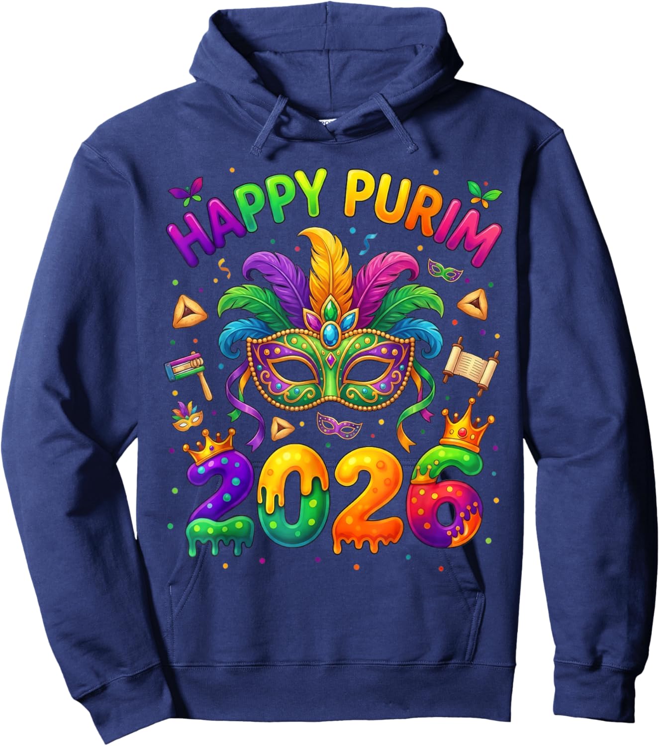 Happy Purim 2026 Colorful Jewish Festival Mask Balloon Hoodie - Hoodie | Navy
