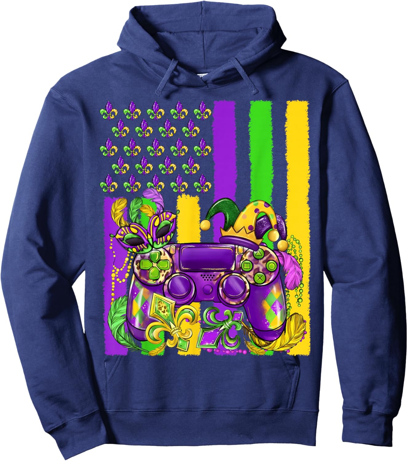 Mardi Gras Video Game Flag Fleur De Lis Jester Boy Girl Kid Hoodie - Hoodie | Navy