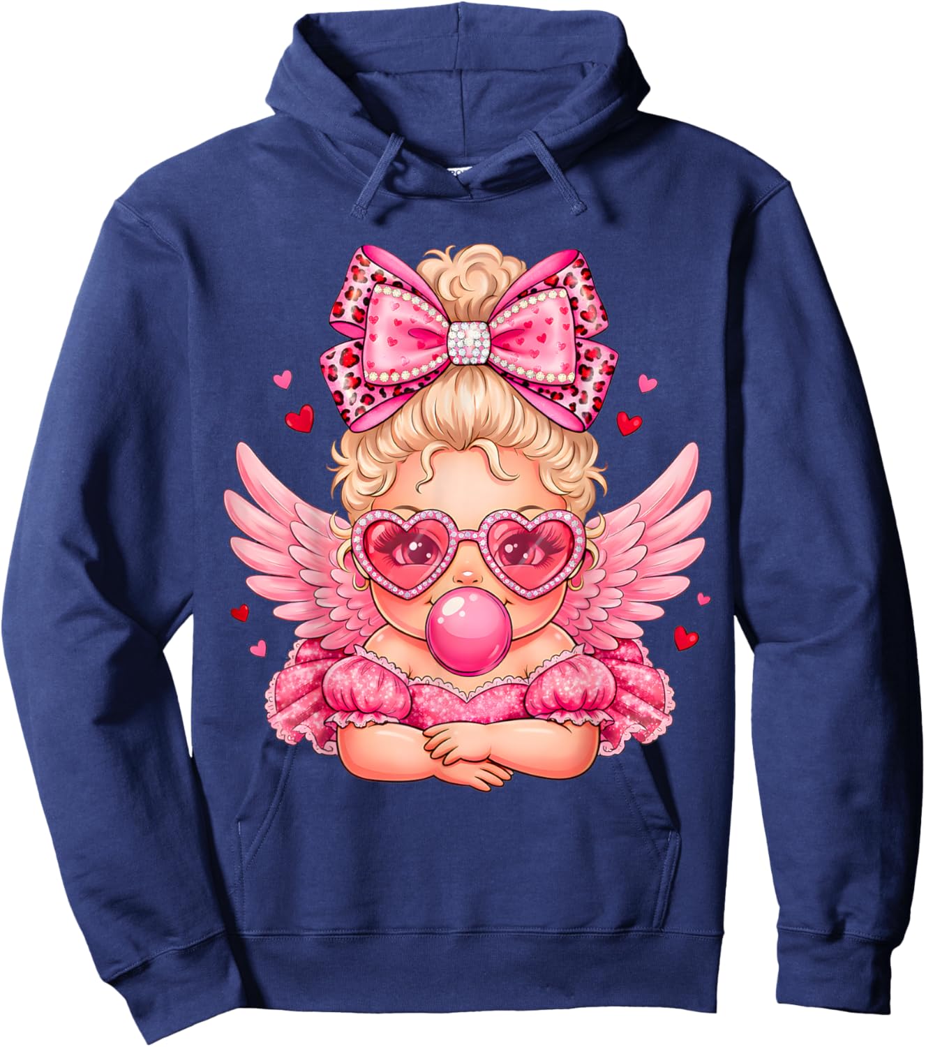 Leopard Bow Cupid Valentine Day Cute Cupid Blowing Bubble Hoodie - Hoodie | Navy