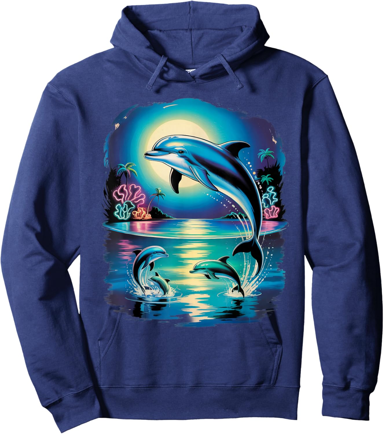 Vintage Retro 90s Airbrushed Dolphins in Ocean Sunset Hoodie - Hoodie | Navy