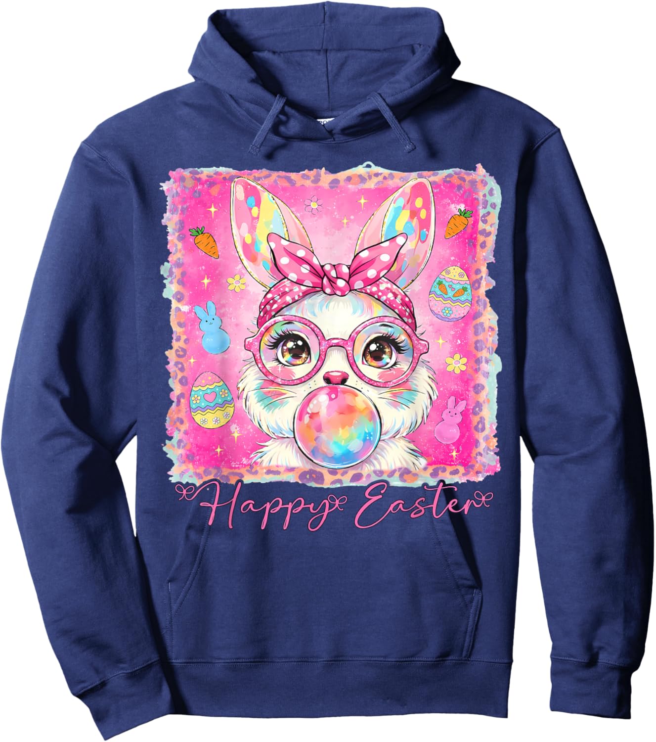 Happy Easter Cute Rabbit Bunny Face Blowing Bubble Gum Girls Hoodie - Hoodie | Navy