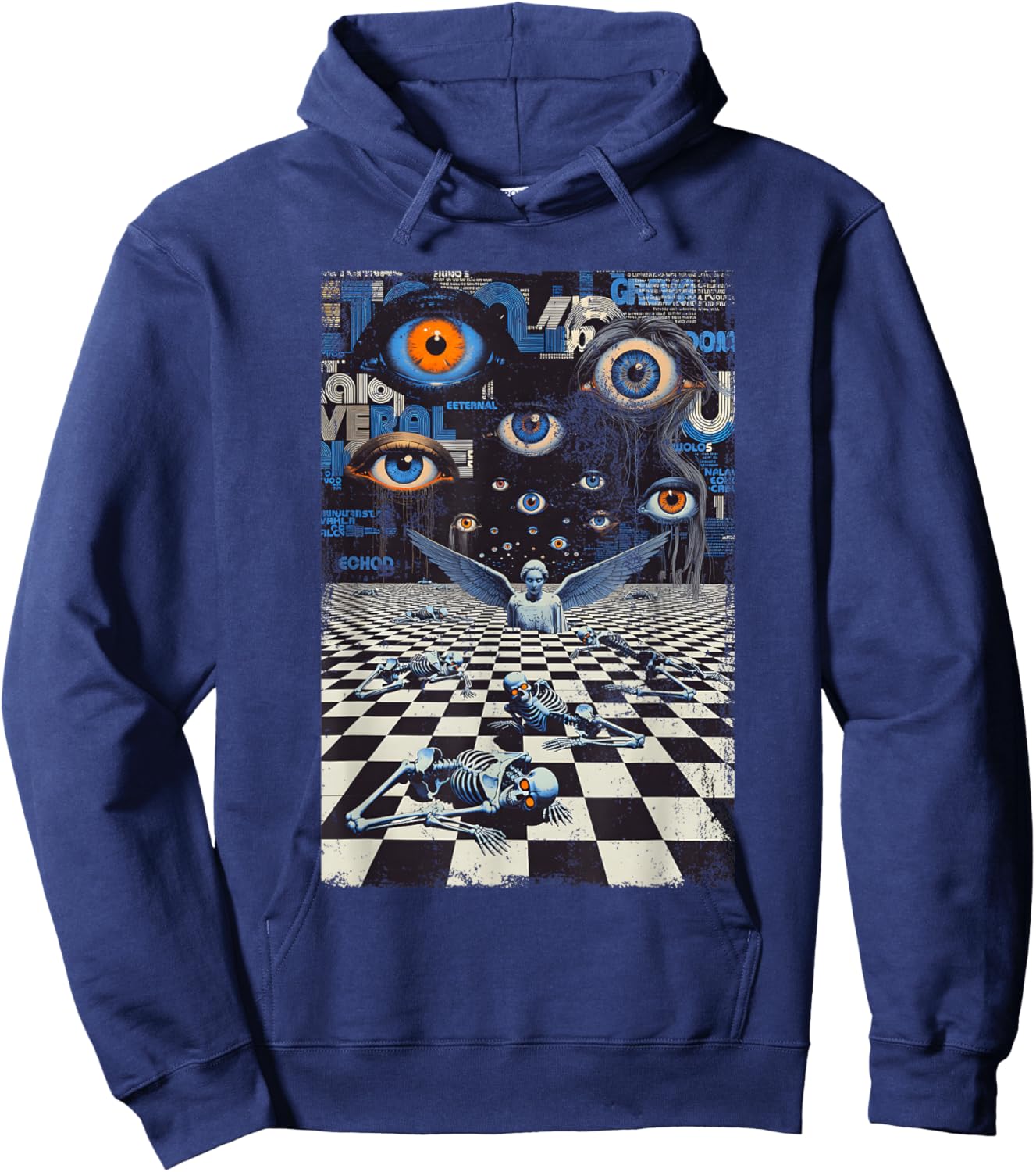Weirdcore Eyes Skeleton Glitch Art Surreal Checkered Floor Hoodie - Hoodie | Navy