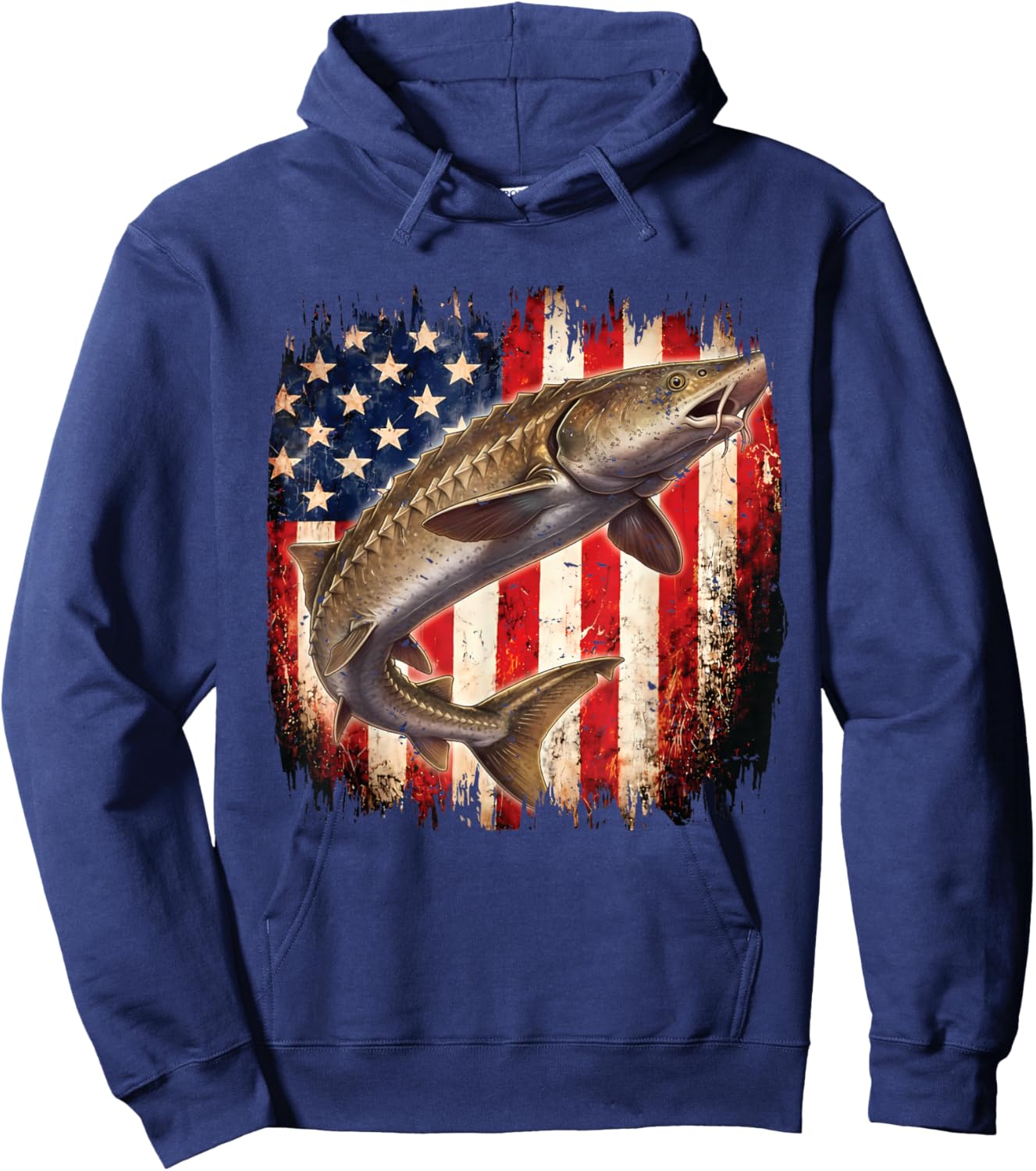 American Flag Sturgeon Fish Fishing Vintage Fisherman Hoodie - Hoodie | Navy