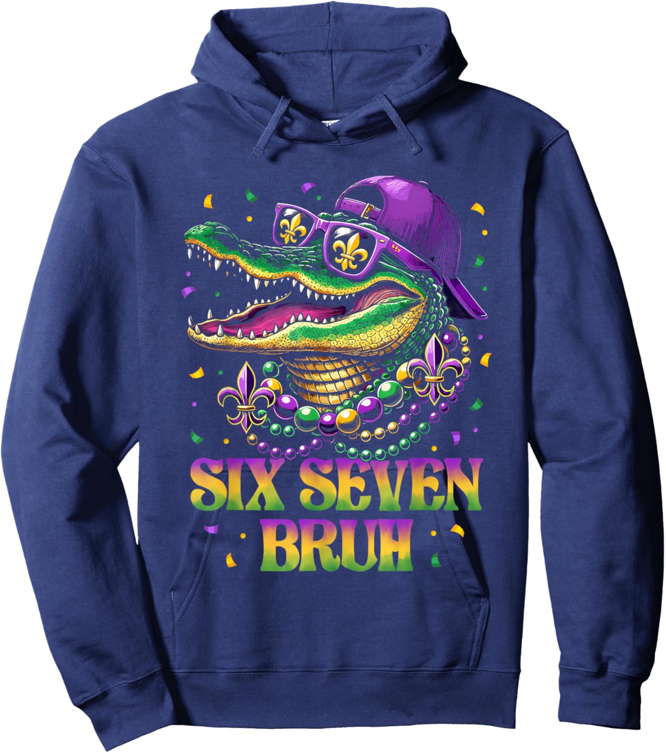 Mardi Gras Six Seven Bruh Mardigator Alligator 6 7 Meme Boys Hoodie - Hoodie | Navy