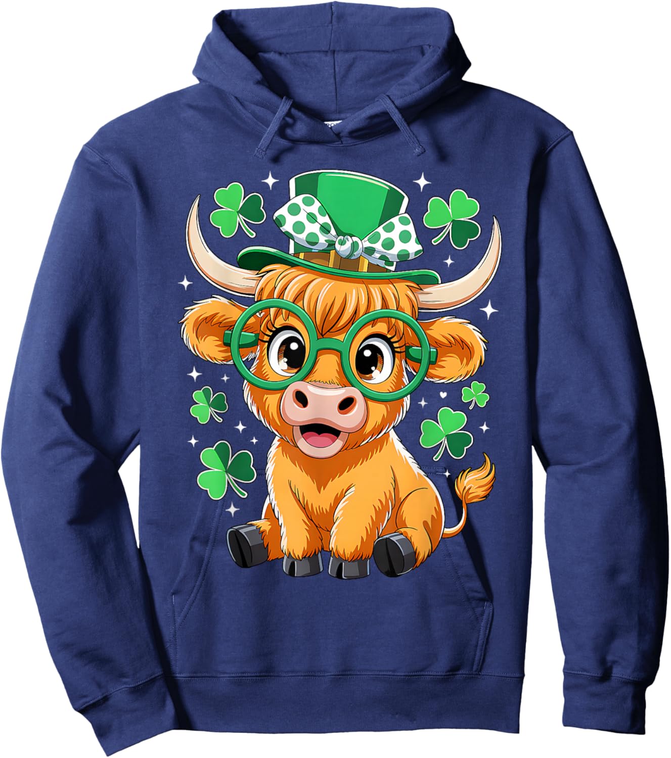Highland Cow St Patrick Day Funny Shamrock Irish Cow Lover Hoodie - Hoodie | Navy