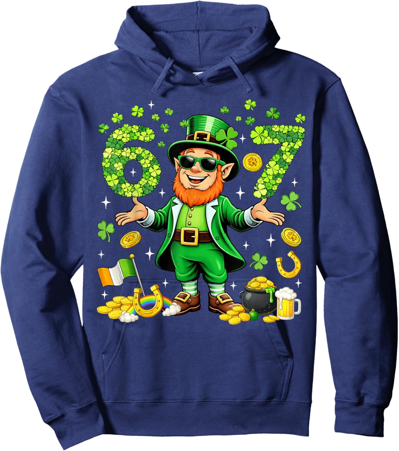 Six Seven 6 7 Meme St Patricks Day Leprechaun Boy Girl Kids Hoodie - Hoodie | Navy