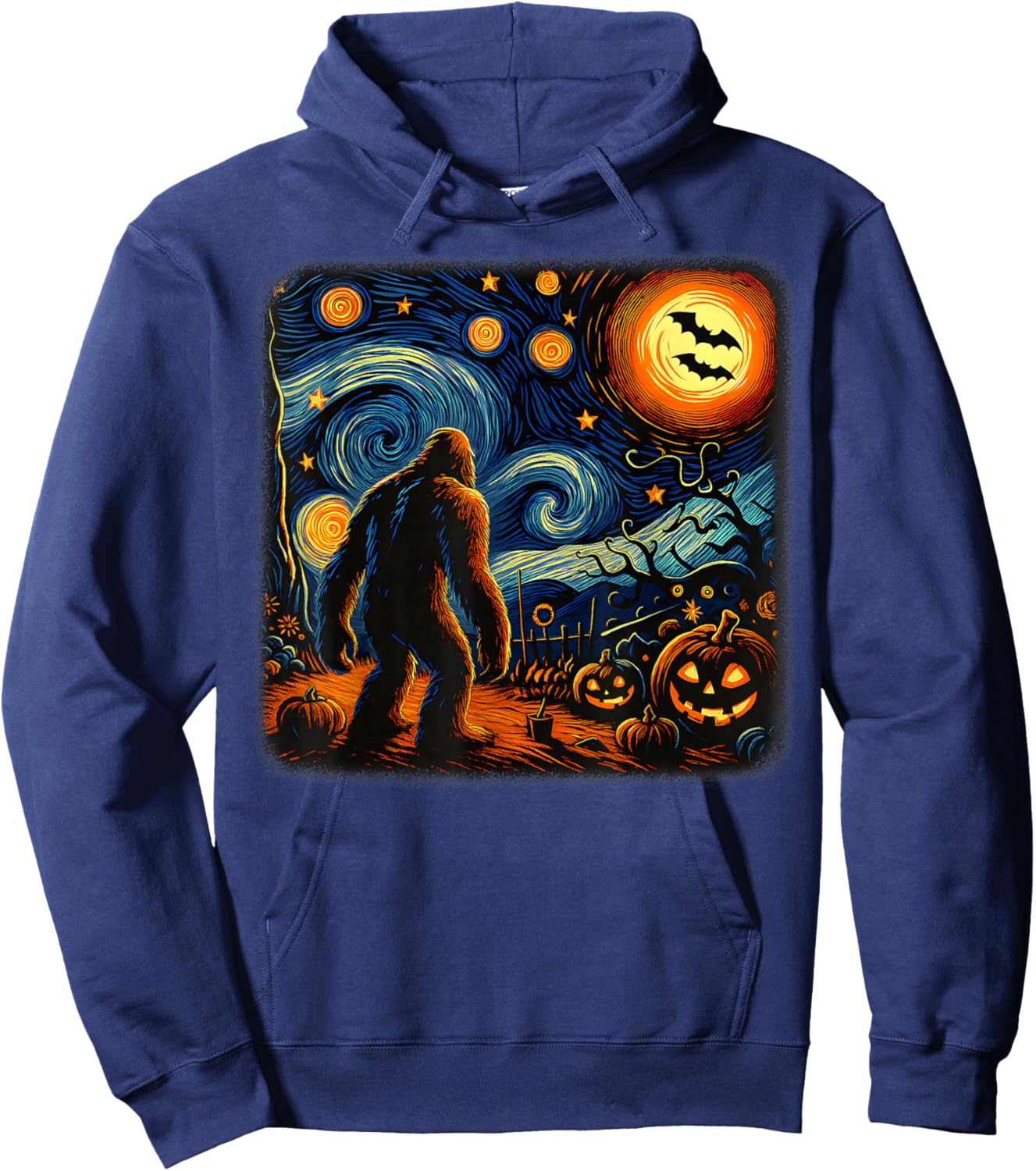 Halloween Bigfoot Starry Night Van Gogh Sasquatch Pumpkin Hoodie - Hoodie | Navy