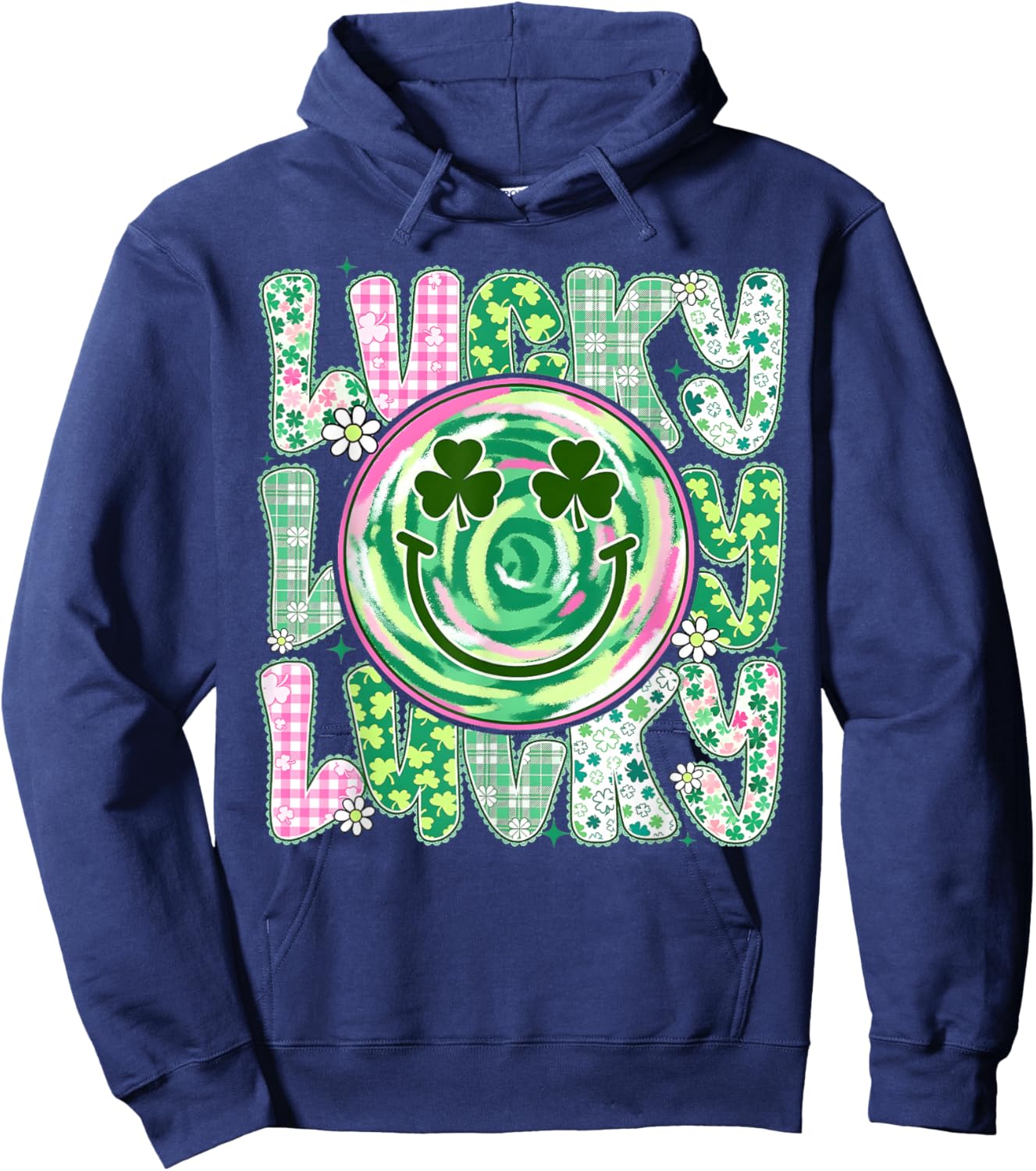 St Patricks Day Lace Lucky Smile Face Shamrock Men Women Kid Hoodie - Hoodie | Navy