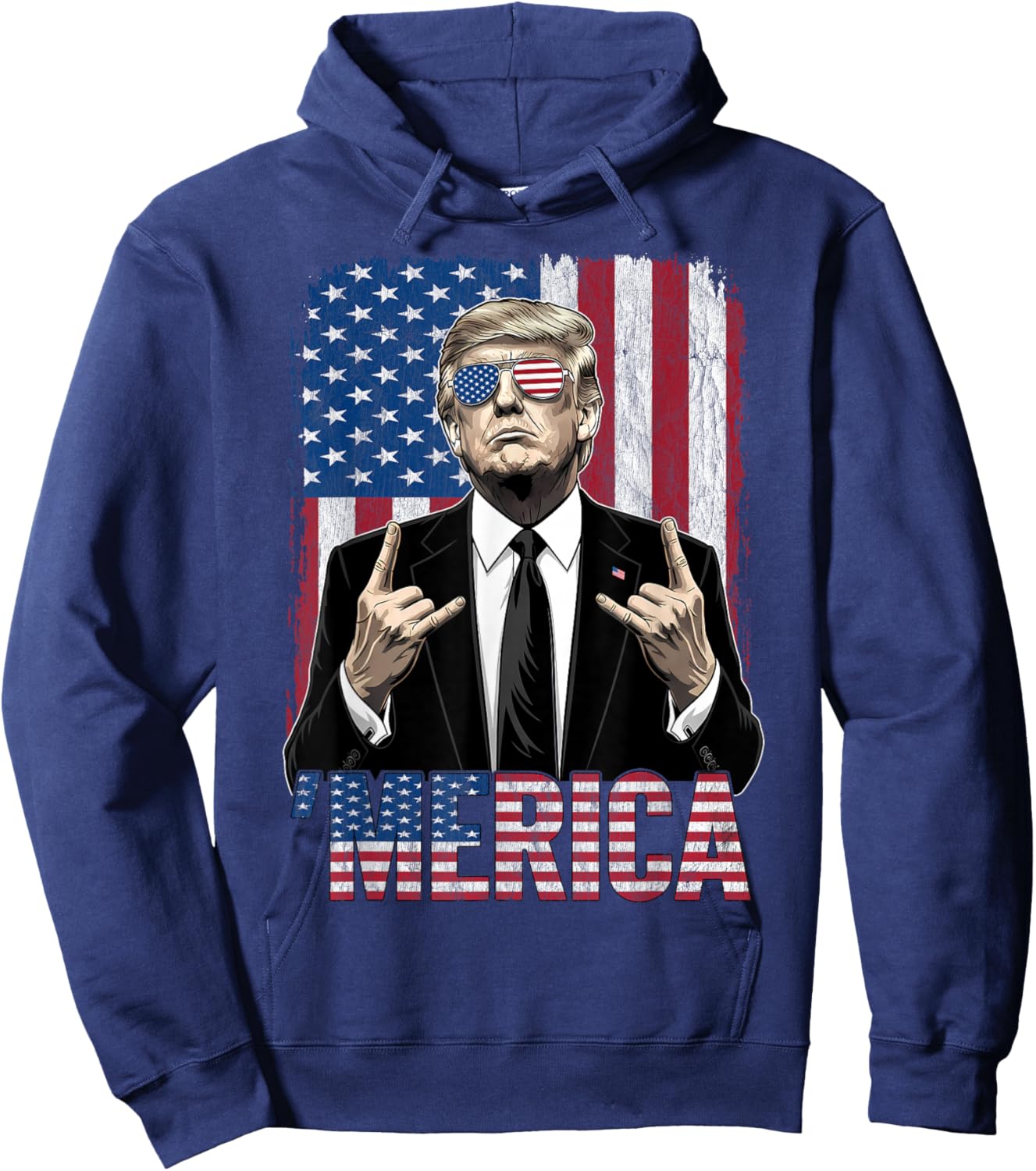 Merica American Funny Trump Patriotic 4th of July USA Flag Hoodie - Hoodie | Navy