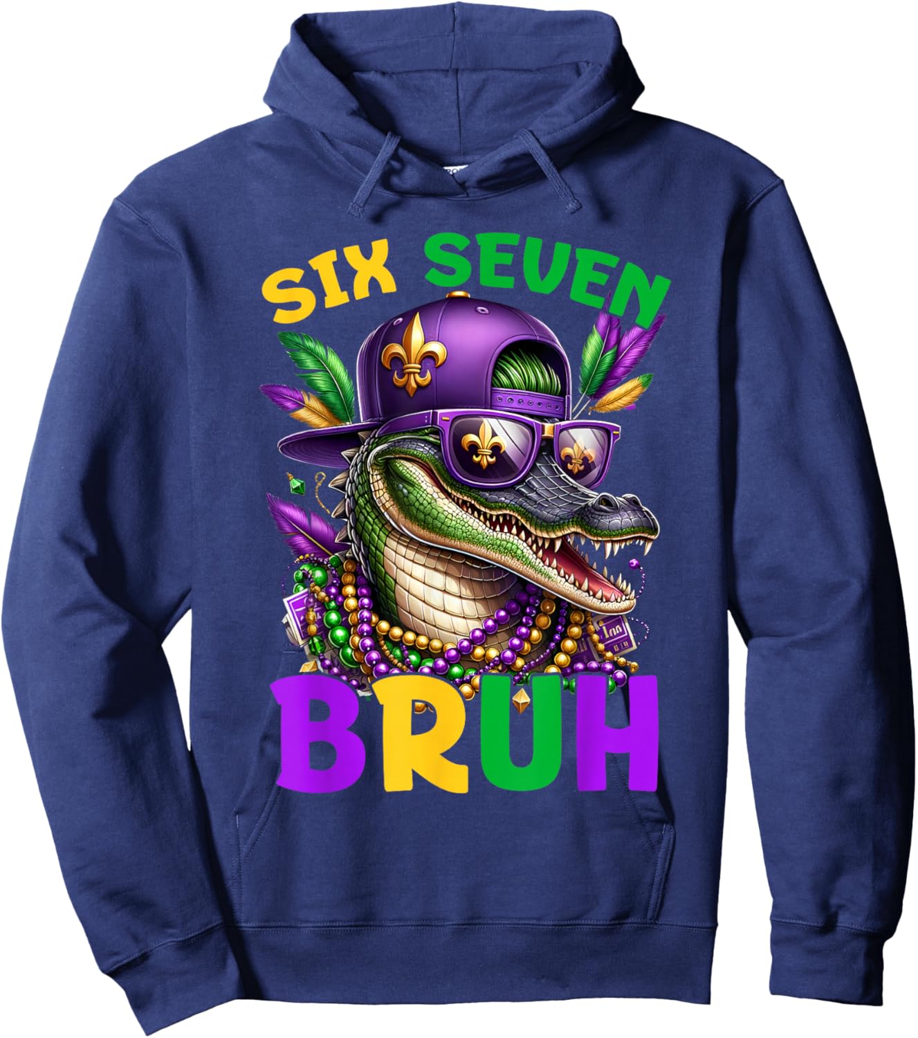 Mardi Gras Six Seven Bruh Mardigator Alligator 6 7 Meme Boys Hoodie - Hoodie | Navy