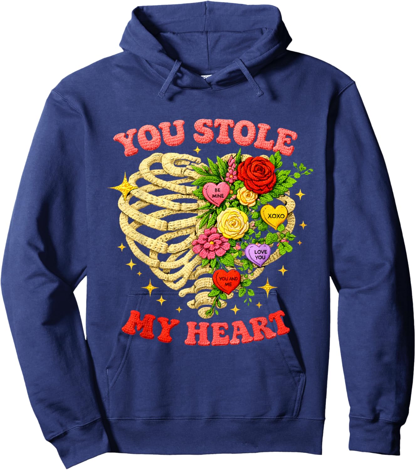 You Stole My Heart Embroidered Skeleton Valentine Art Hoodie - Hoodie | Navy