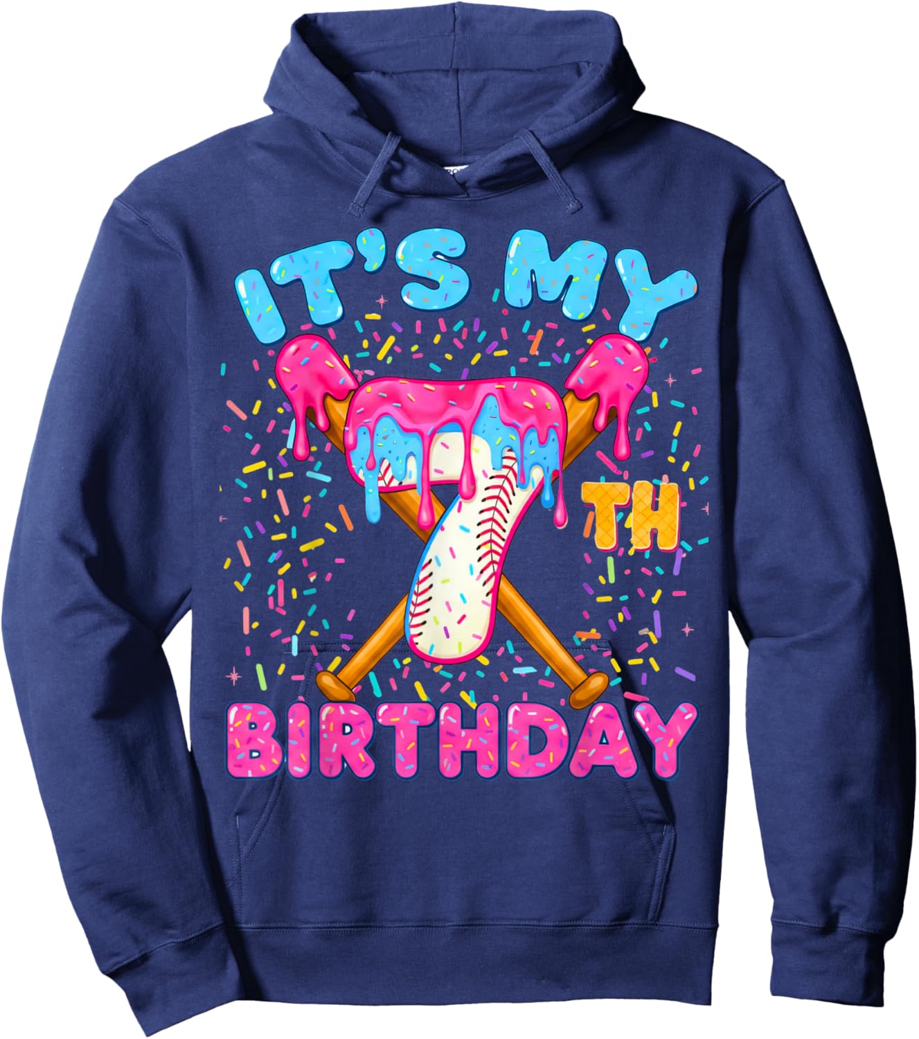 7th Birthday Baseball Seven Ice Cream Drip Boy Baseball Hoodie - Hoodie | Navy