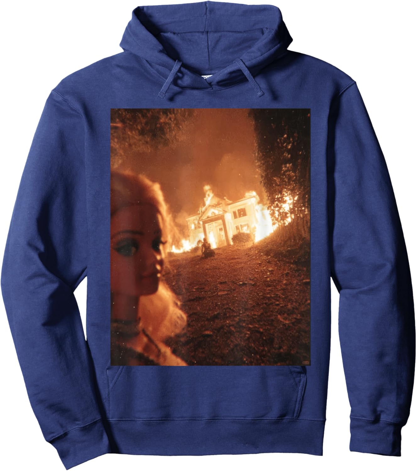 Funny Chaotic Doll Face Mem Selfie Background House on Fire Hoodie - Hoodie | Navy