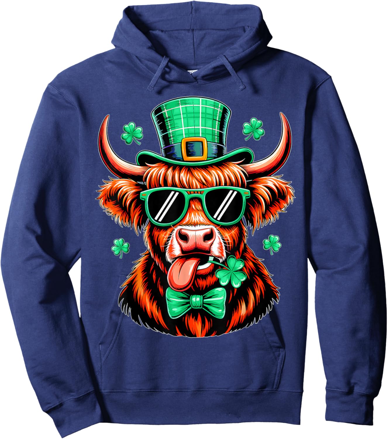 Highland Cow Shamrock St Patricks Day Irish Women Girls Kids Hoodie - Hoodie | Navy
