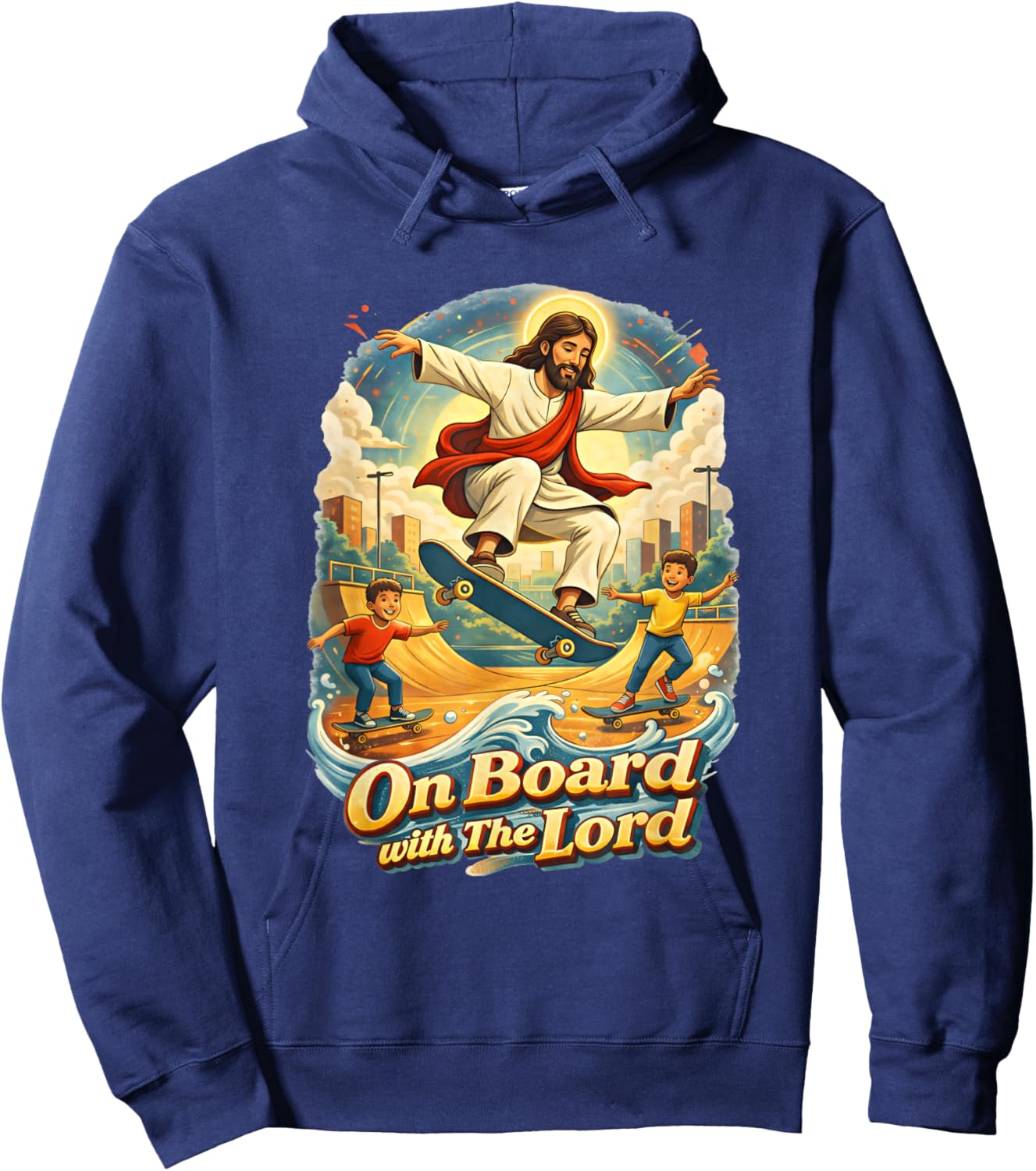 On a Board with a Lord Jesus Skateboarding Skateboard Hoodie - Hoodie | Navy