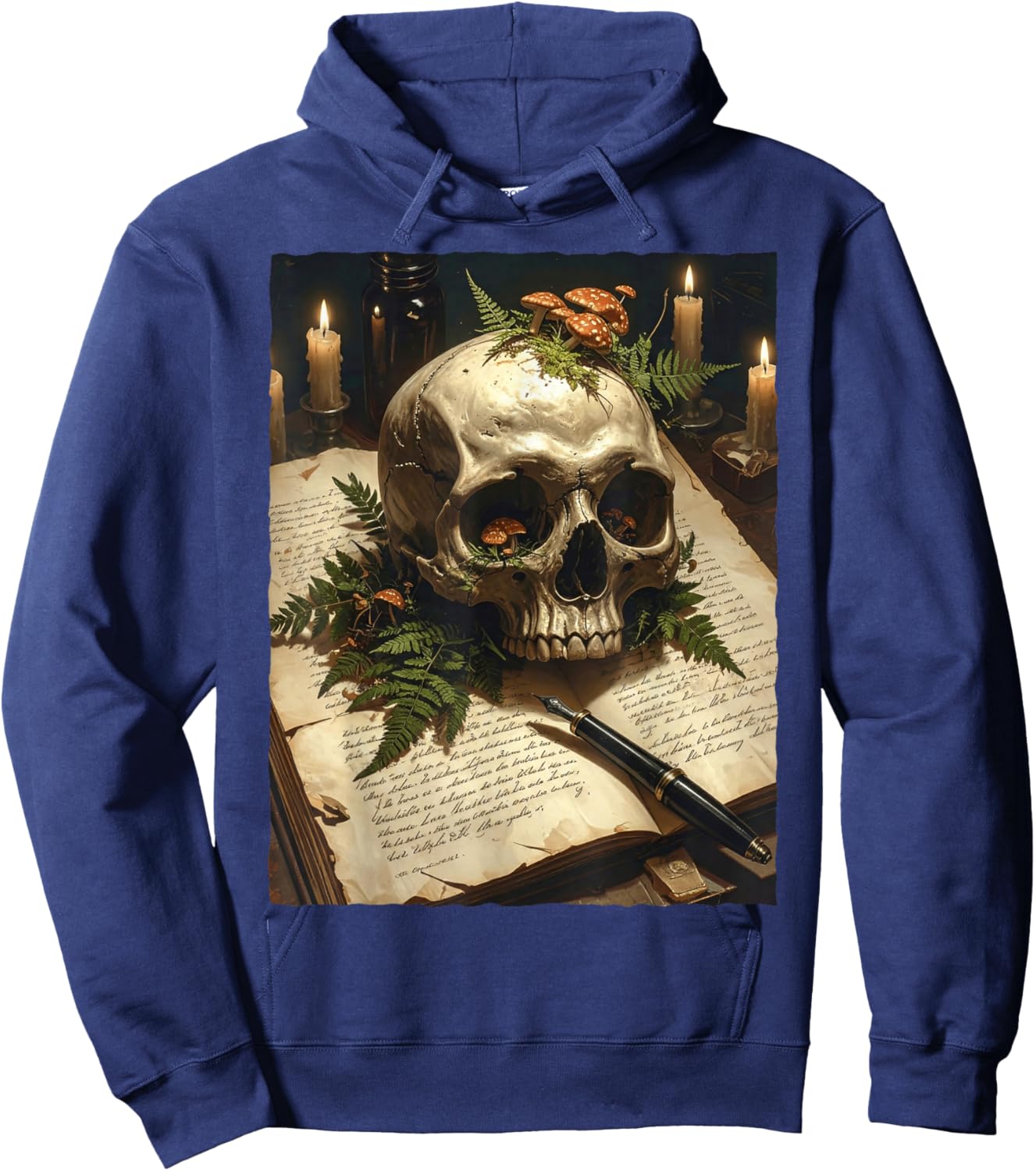 Dark Academia Gothic Mushroom Skull Vintage Book Fern Occult Hoodie - Hoodie | Navy