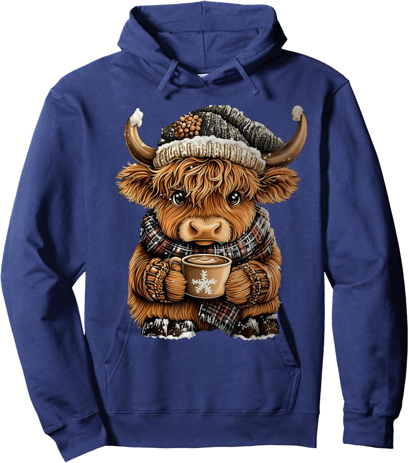 Cute Christmas Highland Cow Drinking Coffee Winter Holiday Hoodie - Hoodie | Navy