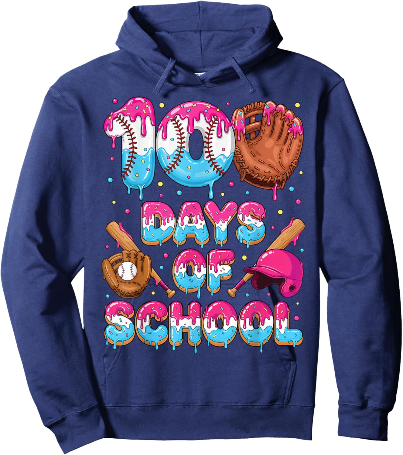 100 Days of School Baseball Donut Dripping Teacher Boys Kids Hoodie - Hoodie | Navy