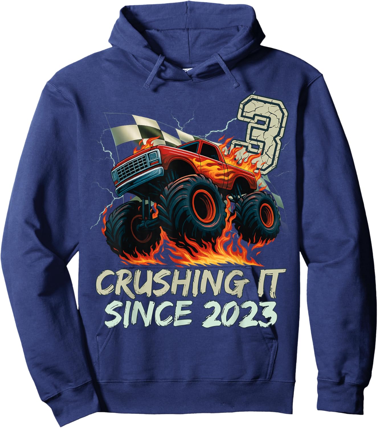 Birthday Monster Truck 3 Year Old Boys 3rd Party Born 2023 Hoodie - Hoodie | Navy