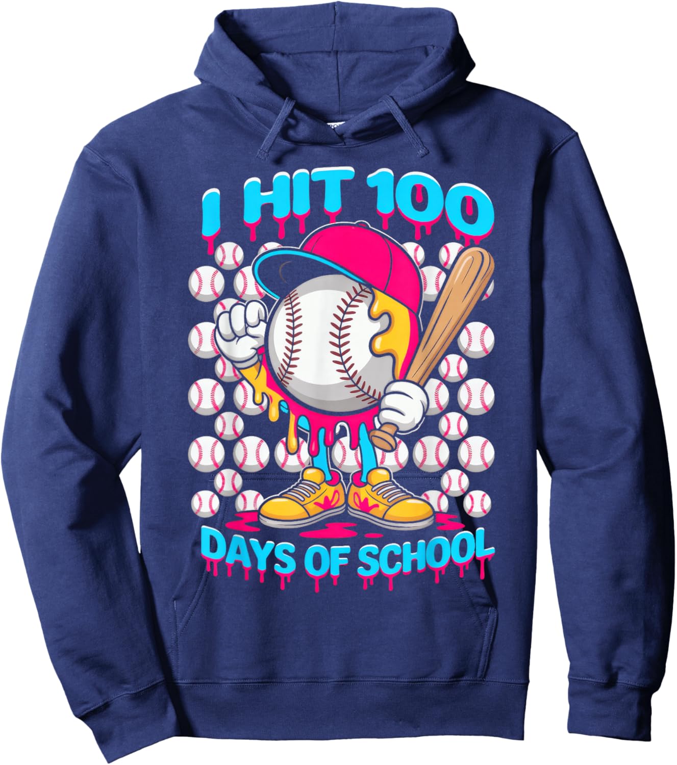 I hit 100 Days of School, Baseball Ice Cream Drip Hoodie - Hoodie | Navy