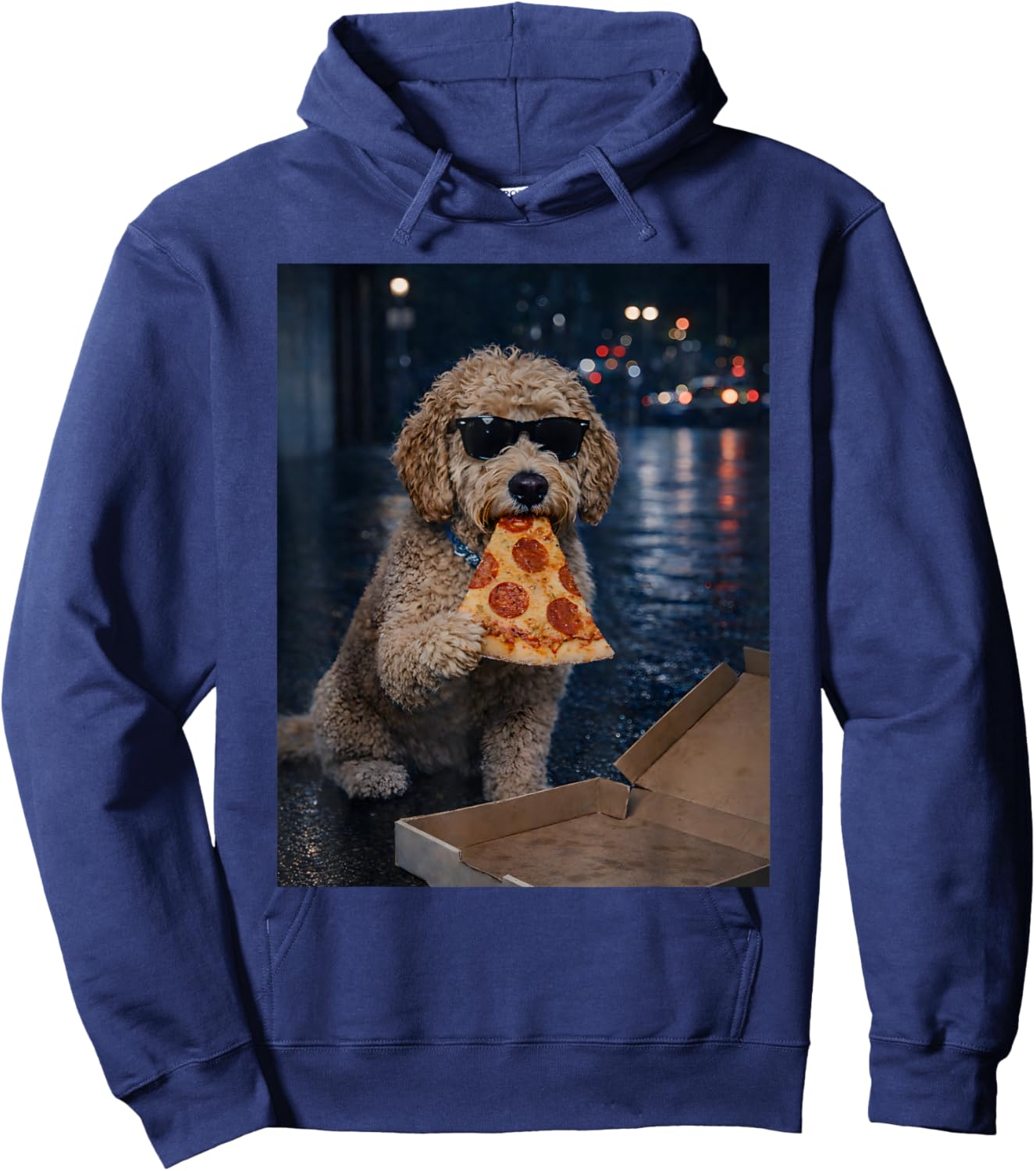 Funny Goldendoodle Dog Eating Pizza Meme Retro Hoodie - Hoodie | Navy