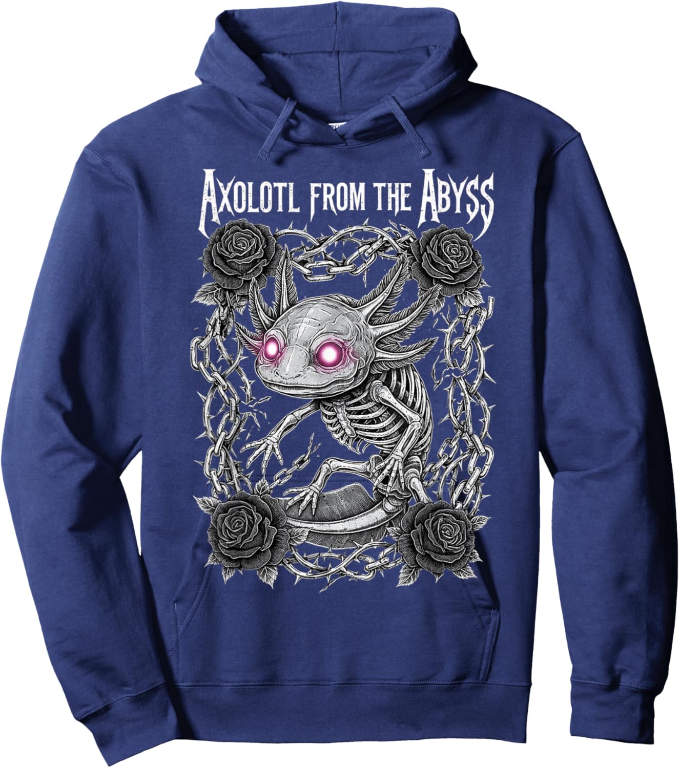 Skeleton Axolotl Gothic Heavy Metal Roses and Chains Hoodie - Hoodie | Navy