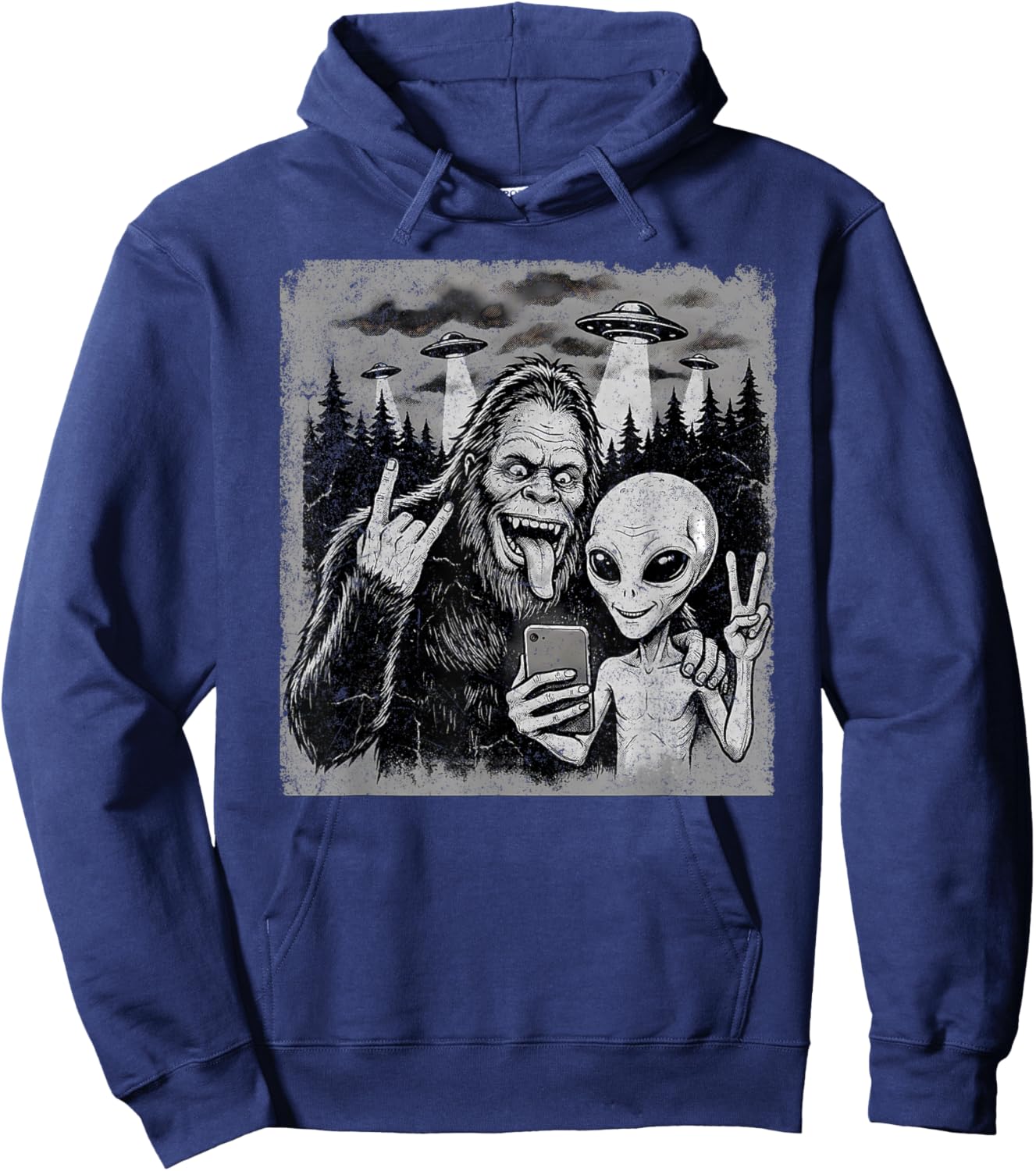 Funny Bigfoot and Alien Rock On Hand Sign UFO Selfie Hoodie - Hoodie | Navy