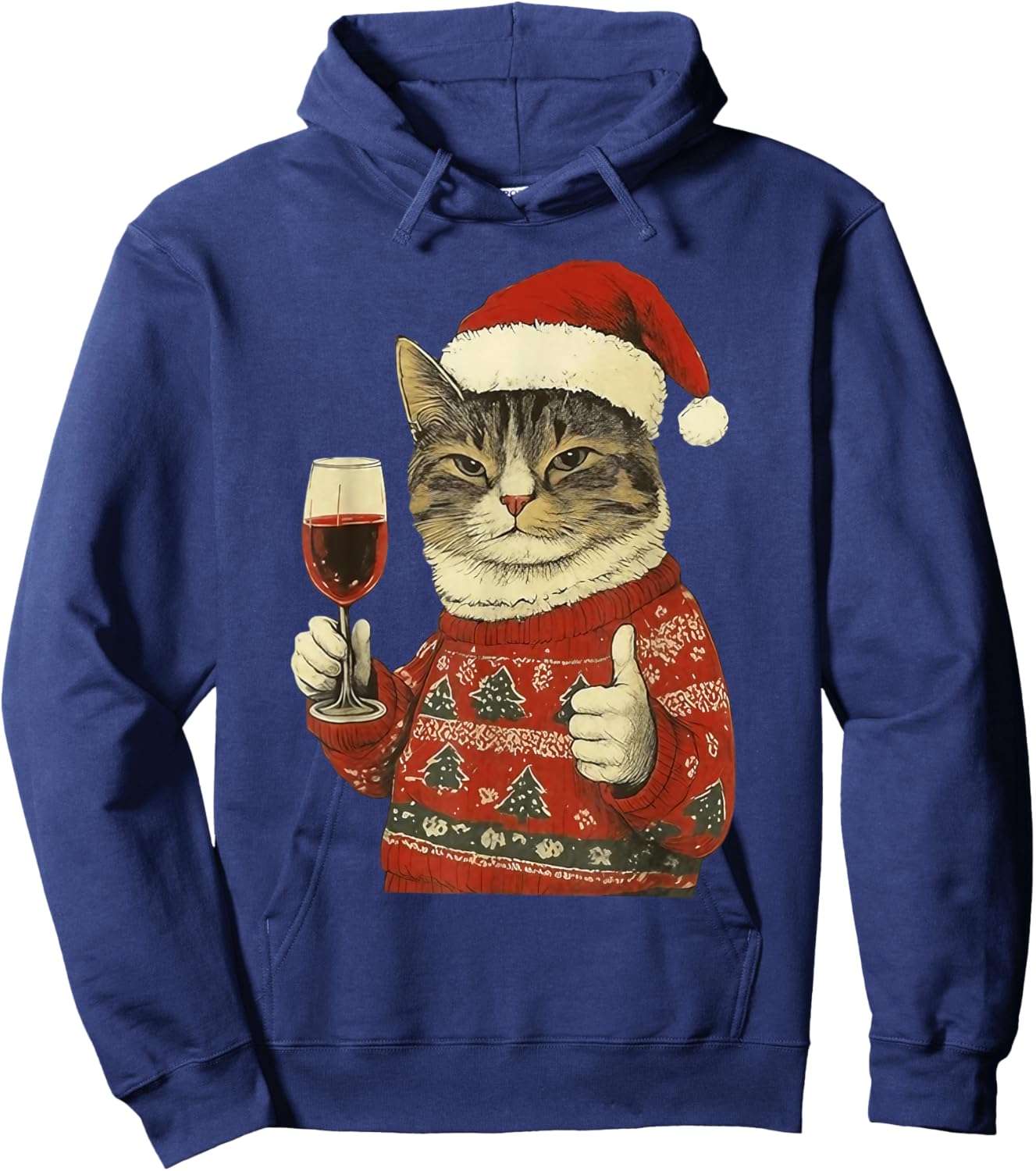 Christmas Cat Likes Cute Cat Drinking Wine with Santa Hat Hoodie - Hoodie | Navy