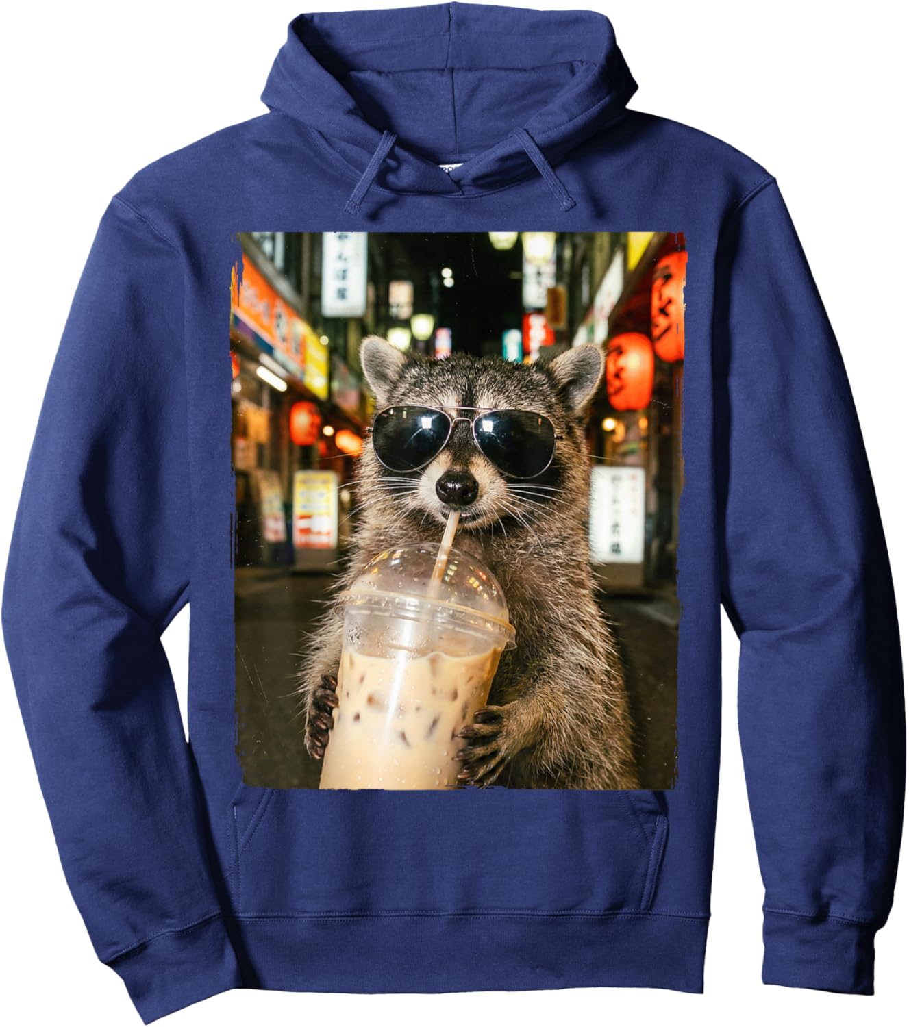 Funny Raccoon Drinking Ice Coffee Men Women Meme Hoodie - Hoodie | Navy