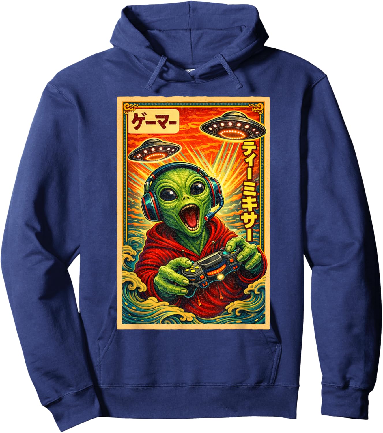 Japanese Retro Vintage UFO Alien Graphic Funny Gamer Hoodie - Hoodie | Navy