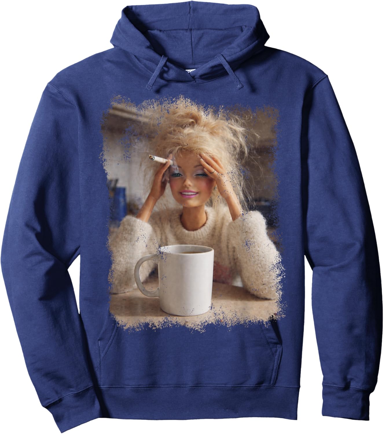 Funny Doll Face Meme Distressed Smoking Doll Meme Hilarious Hoodie - Hoodie | Navy