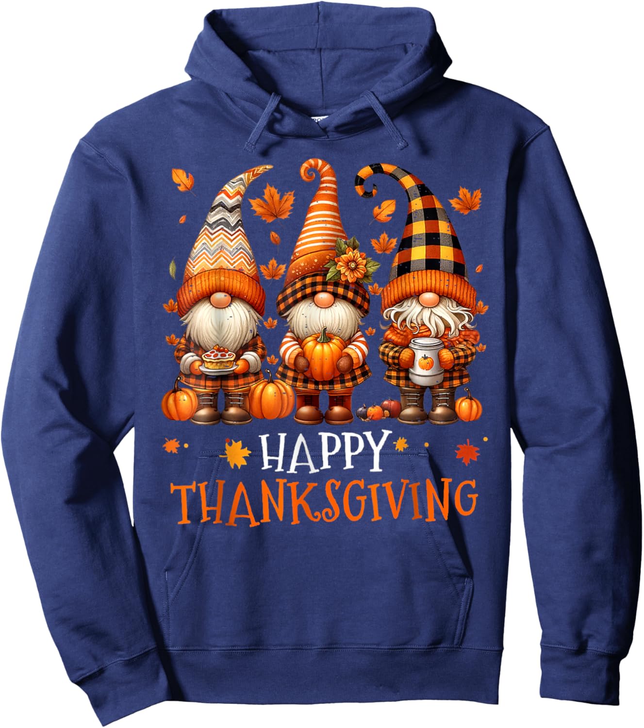 Three Gnomes Happy Thanksgiving Autumn Fall Pumpkin Spice Hoodie - Hoodie | Navy