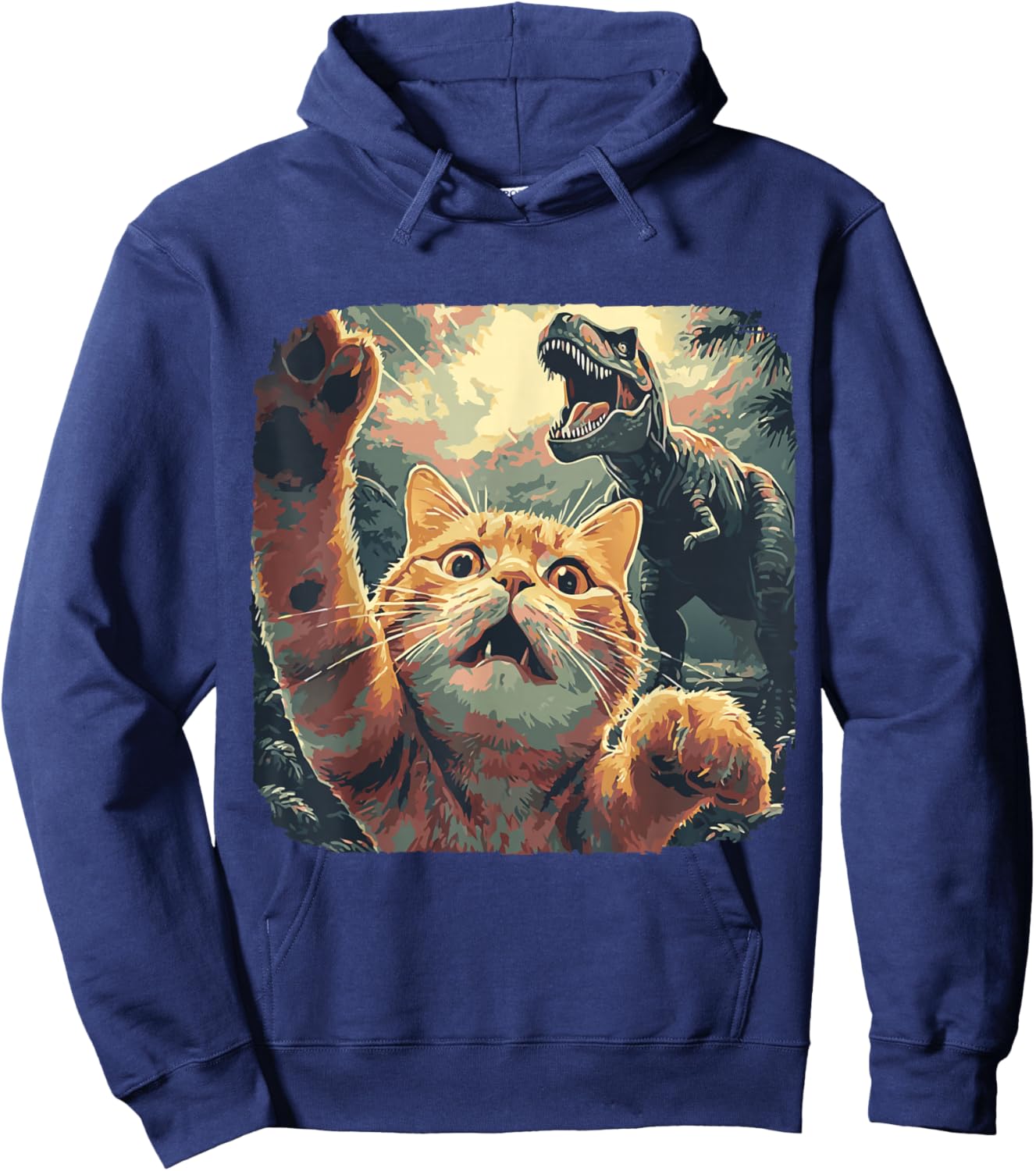 Funny Cat Selfie with T-Rex Dinosaur Cartoon Meme Hoodie - Hoodie | Navy
