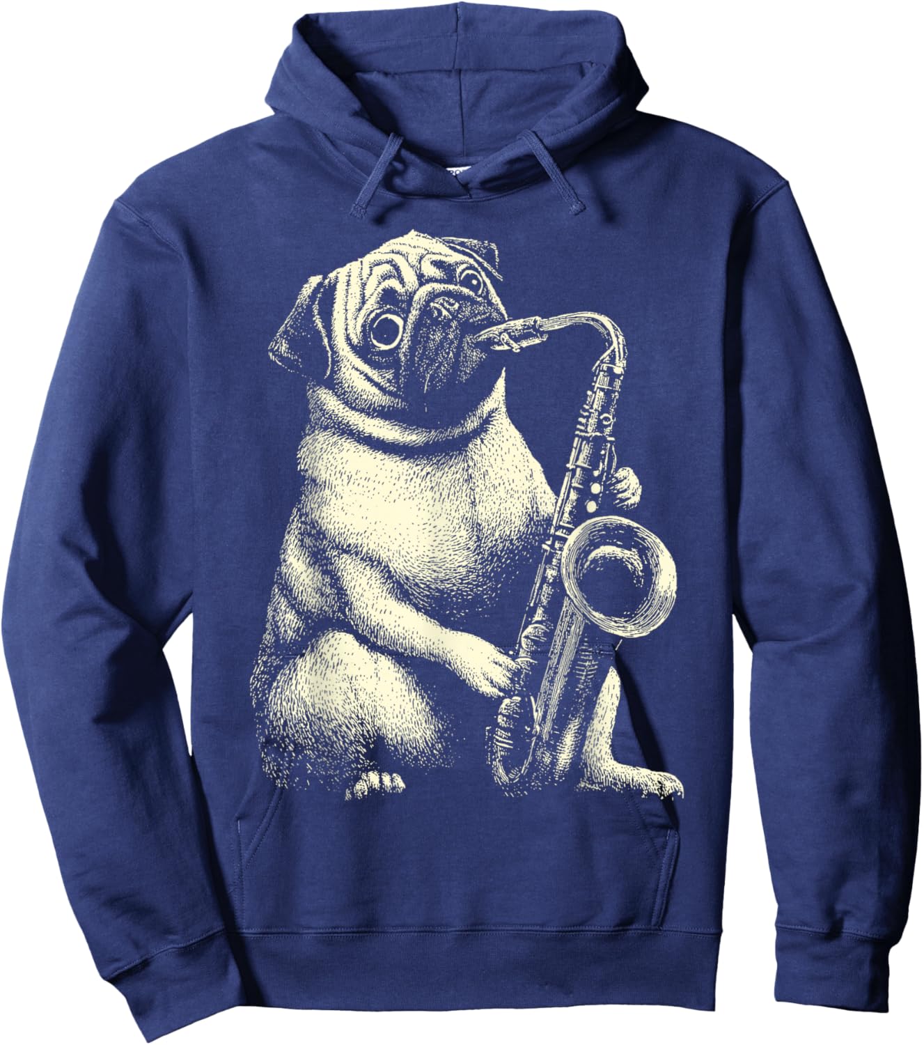 Cute Pug Playing Saxophone Player Funny Jazz Musician Dog Hoodie - Hoodie | Navy