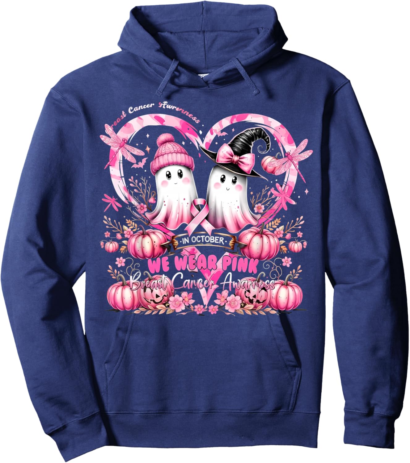 in October We Wear Pink Breast Cancer Heart Dragonflies Hoodie - Hoodie | Navy
