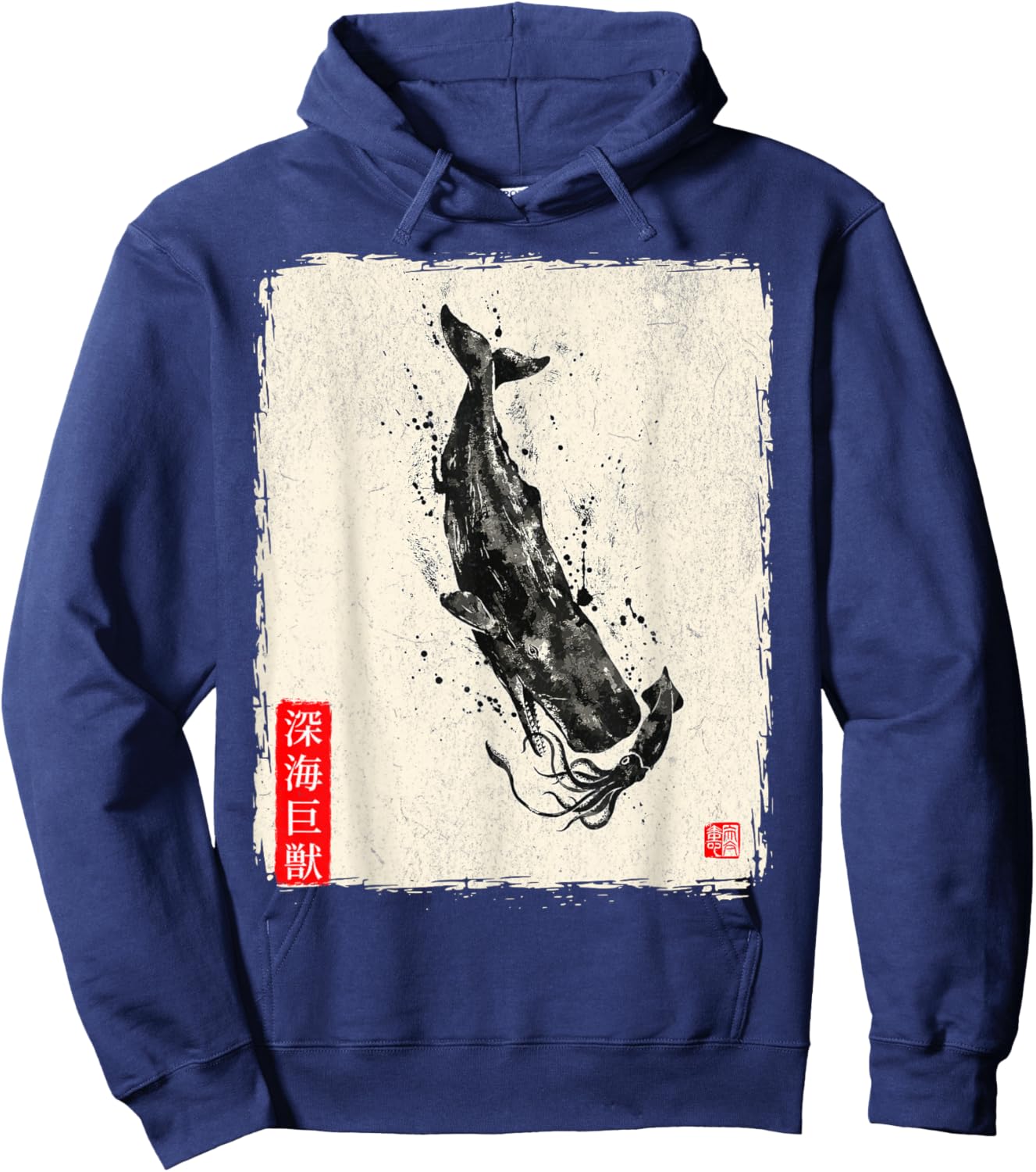 Gyotaku Fish Print Sperm Whale vs Giant Squid Deep Sea Kaiju Hoodie - Hoodie | Navy
