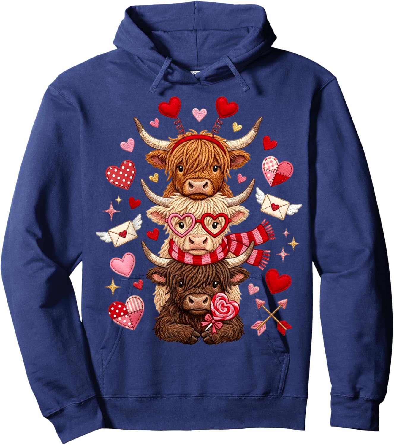 Scottish Cute Western Valentine Highland Cows with Hearts Hoodie - Hoodie | Navy