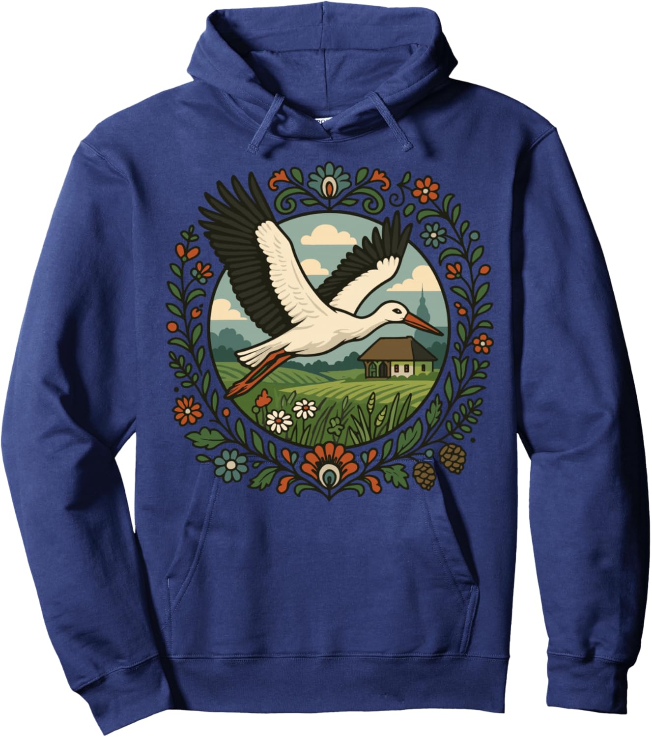 Folk Stork Flying Polish Village Nature Flower Art Hoodie - Hoodie | Navy