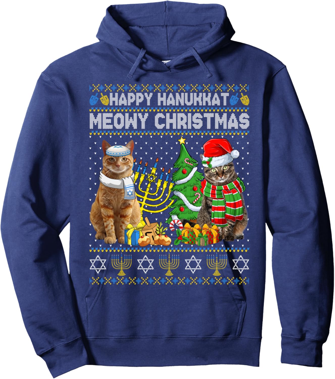 Happy Hanukkat Meowy Christmas Pajamas Ugly Sweater Cats Hoodie - Hoodie | Navy