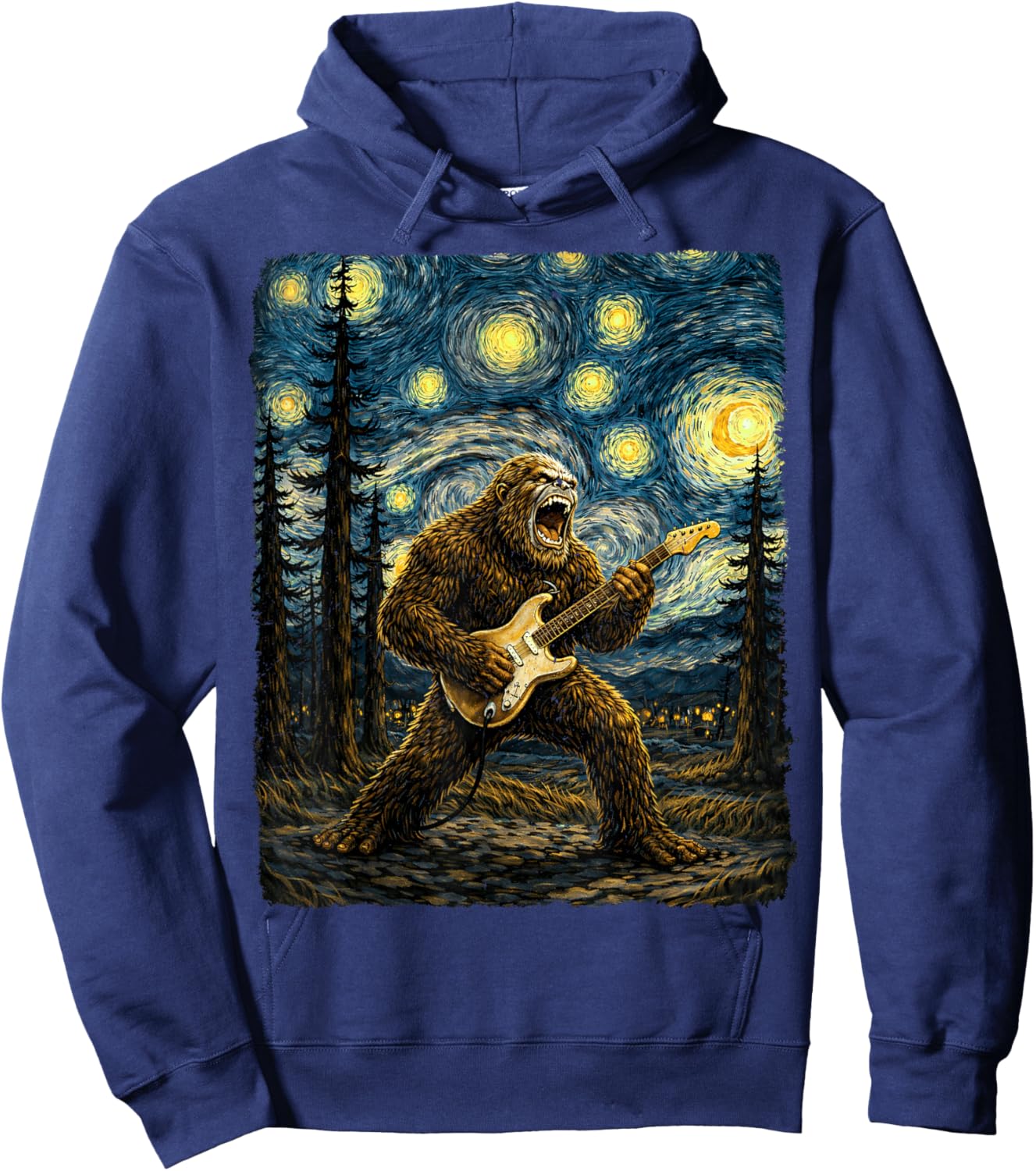 Bigfoot Playing Guitar in Starry Night Van Gogh Graphic Hoodie - Hoodie | Navy