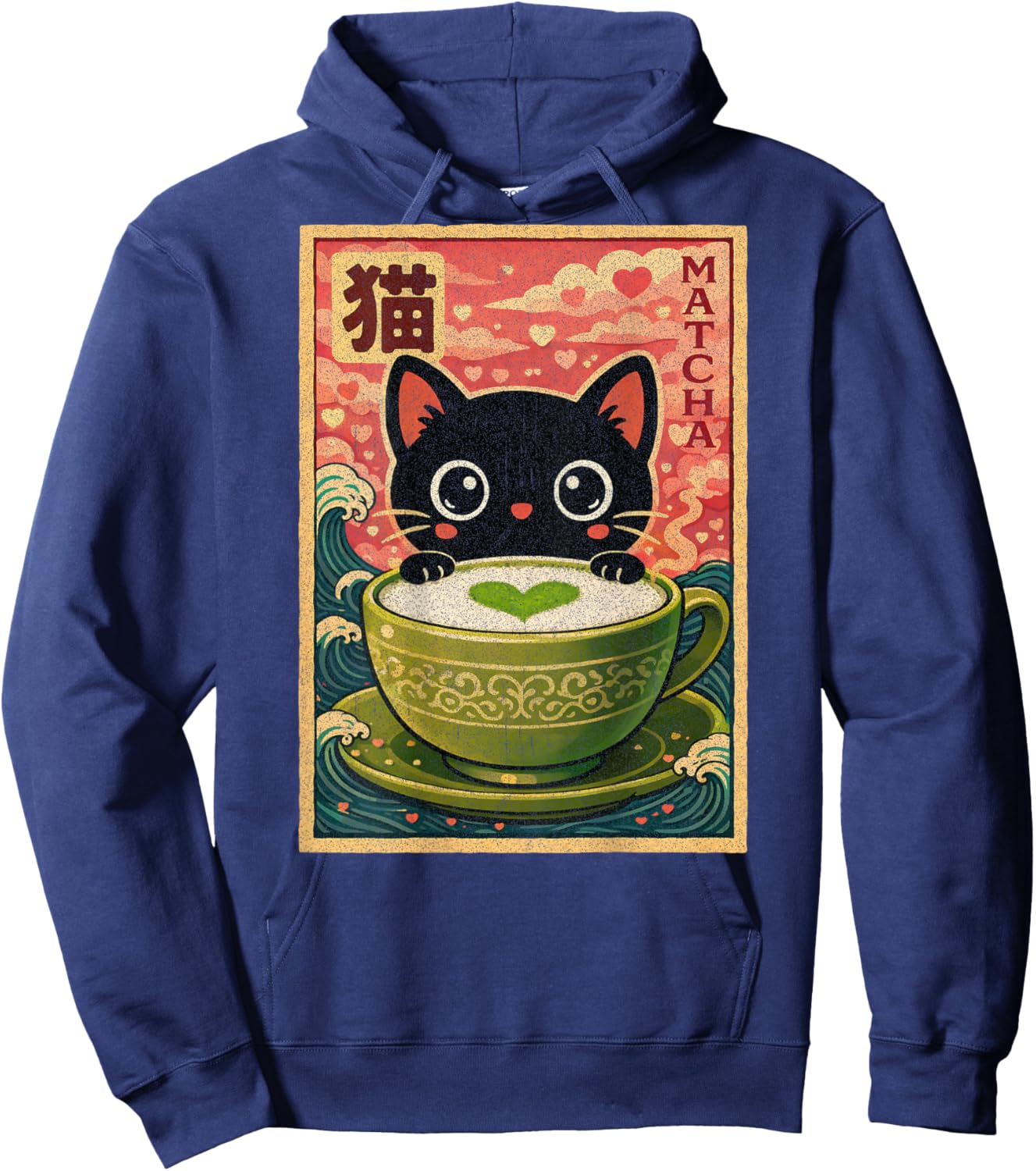 Cute Retro Vintage Japanese Anime Matcha Kawaii Cat Graphic Hoodie - Hoodie | Navy