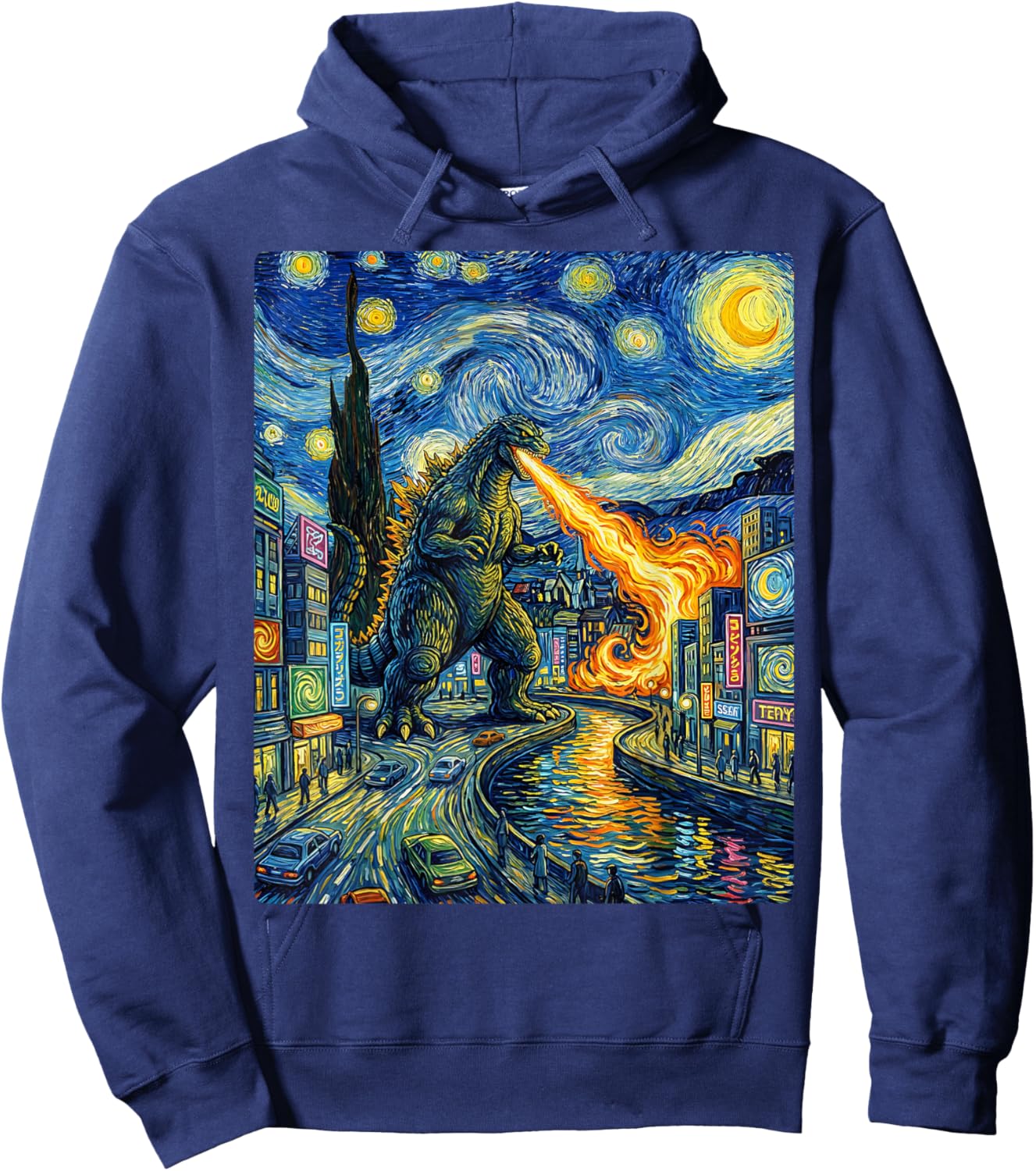 Kaiju Monster Japanese Vangogh starrynight City Vintage Hoodie - Hoodie | Navy