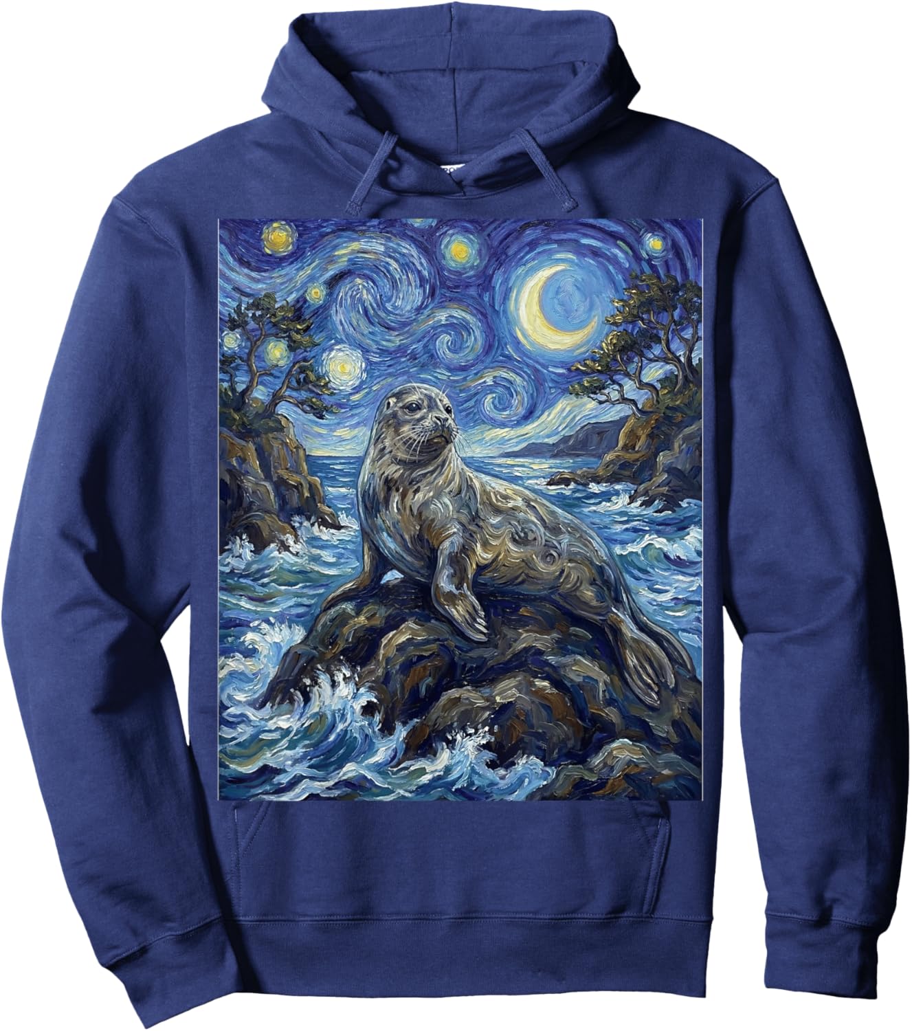 Seal Starry Night Art Painting Style Seal Sea Lion Hoodie - Hoodie | Navy