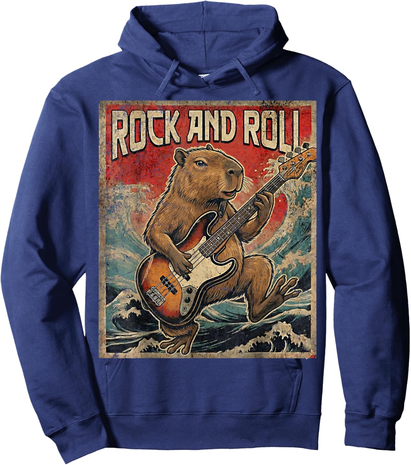 Capybara Playing Guitar Rock On Vintage Guitarist Capybara Hoodie - Hoodie | Navy
