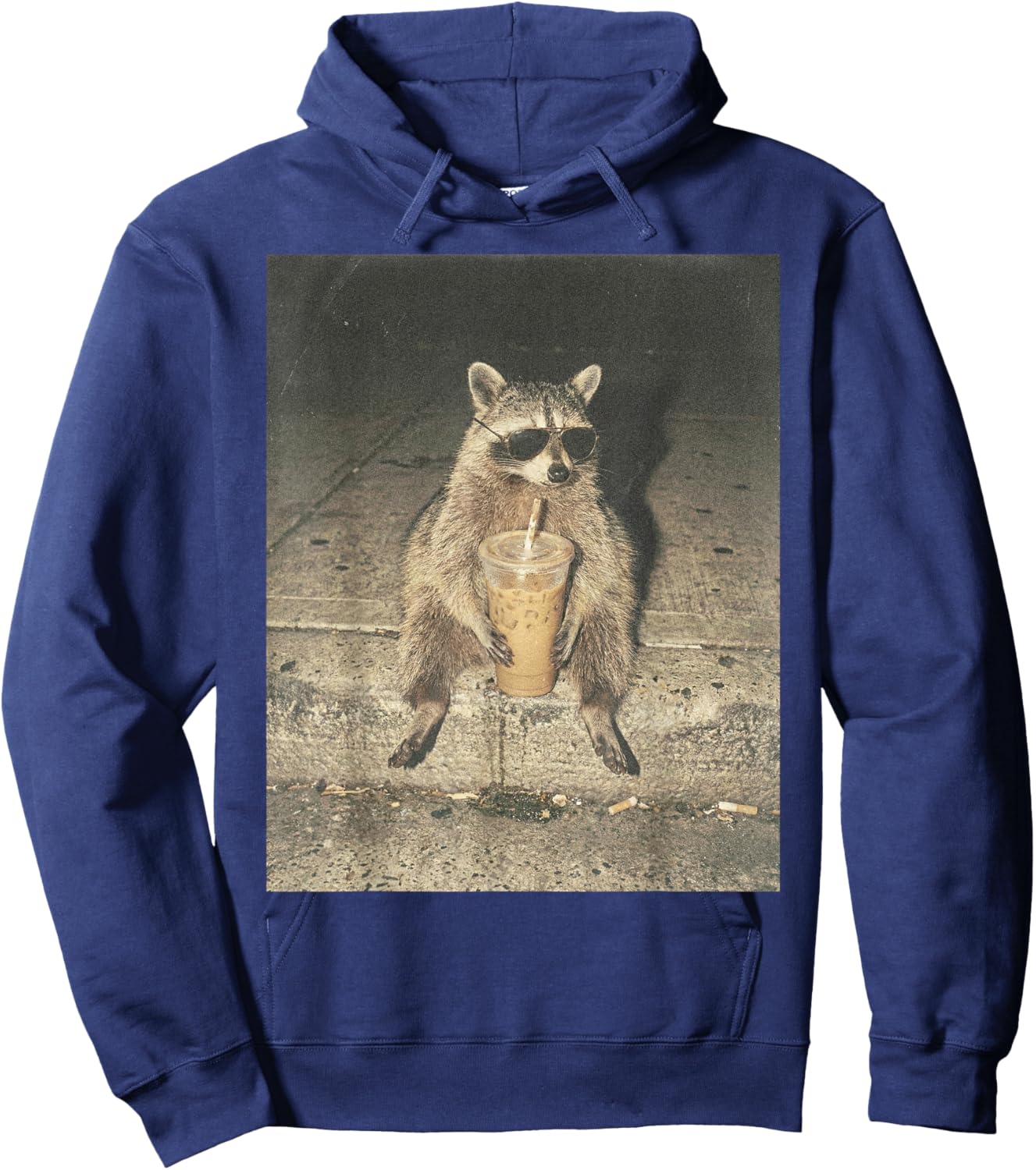 Funny Raccoon Drinking Iced Coffee Unhinged Meme Graphic Hoodie - Hoodie | Navy