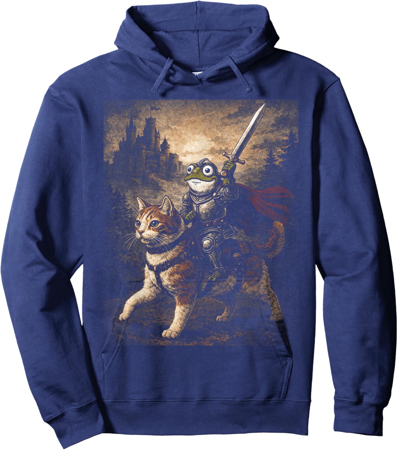 Funny Medieval Frog Knight Riding Cat Sword Meme Animal Hoodie - Hoodie | Navy