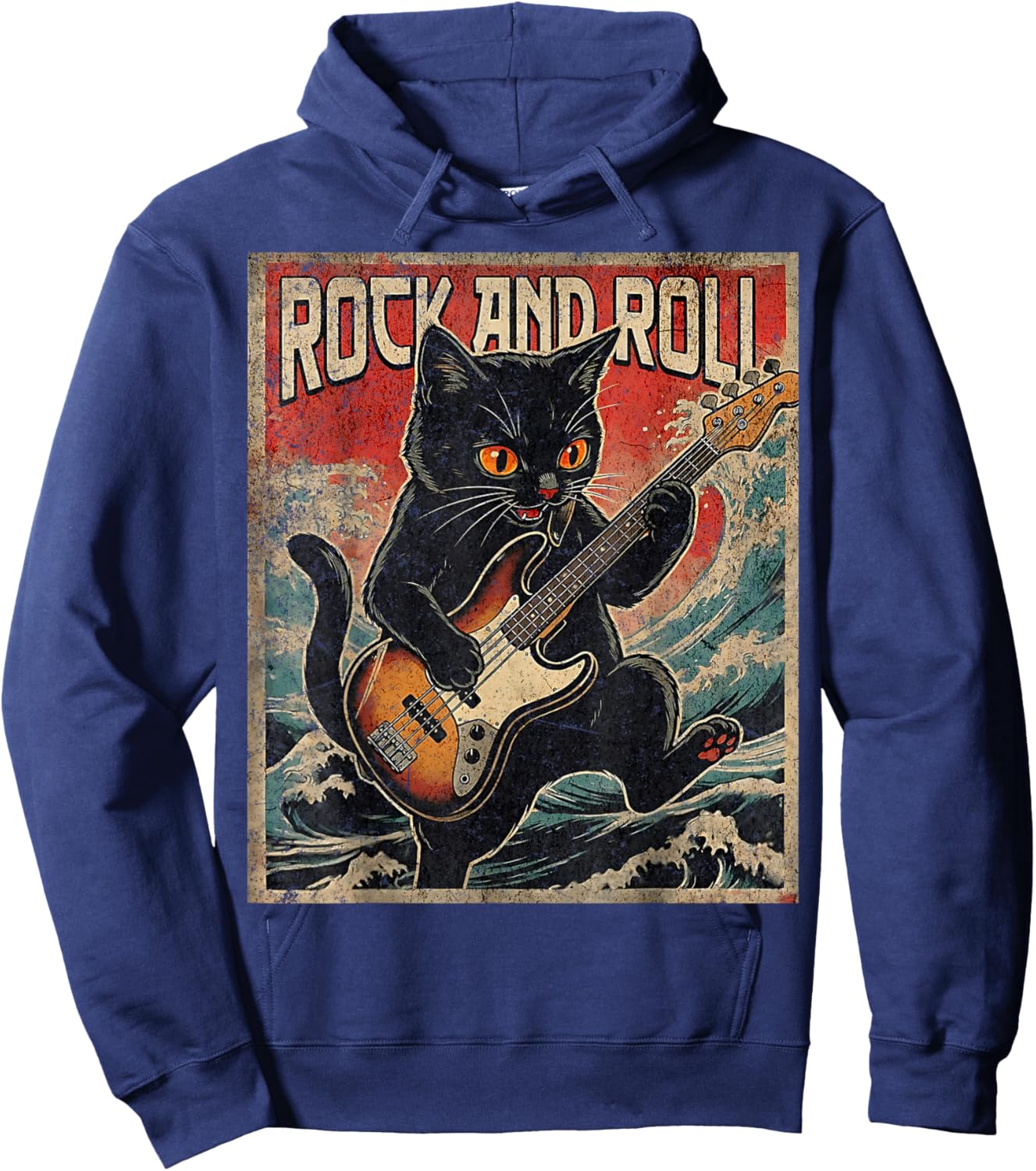 Cat Playing Bass Guitar Rock On Vintage Rock Guitarist Cat Hoodie - Hoodie | Navy