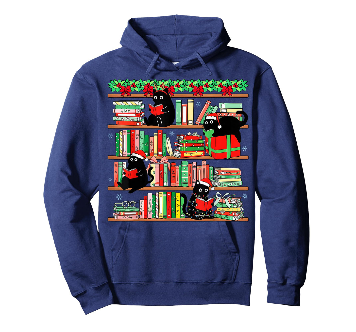 Christmas Black Cat Santa Bookshelves Book Lover Reader T-Shirt